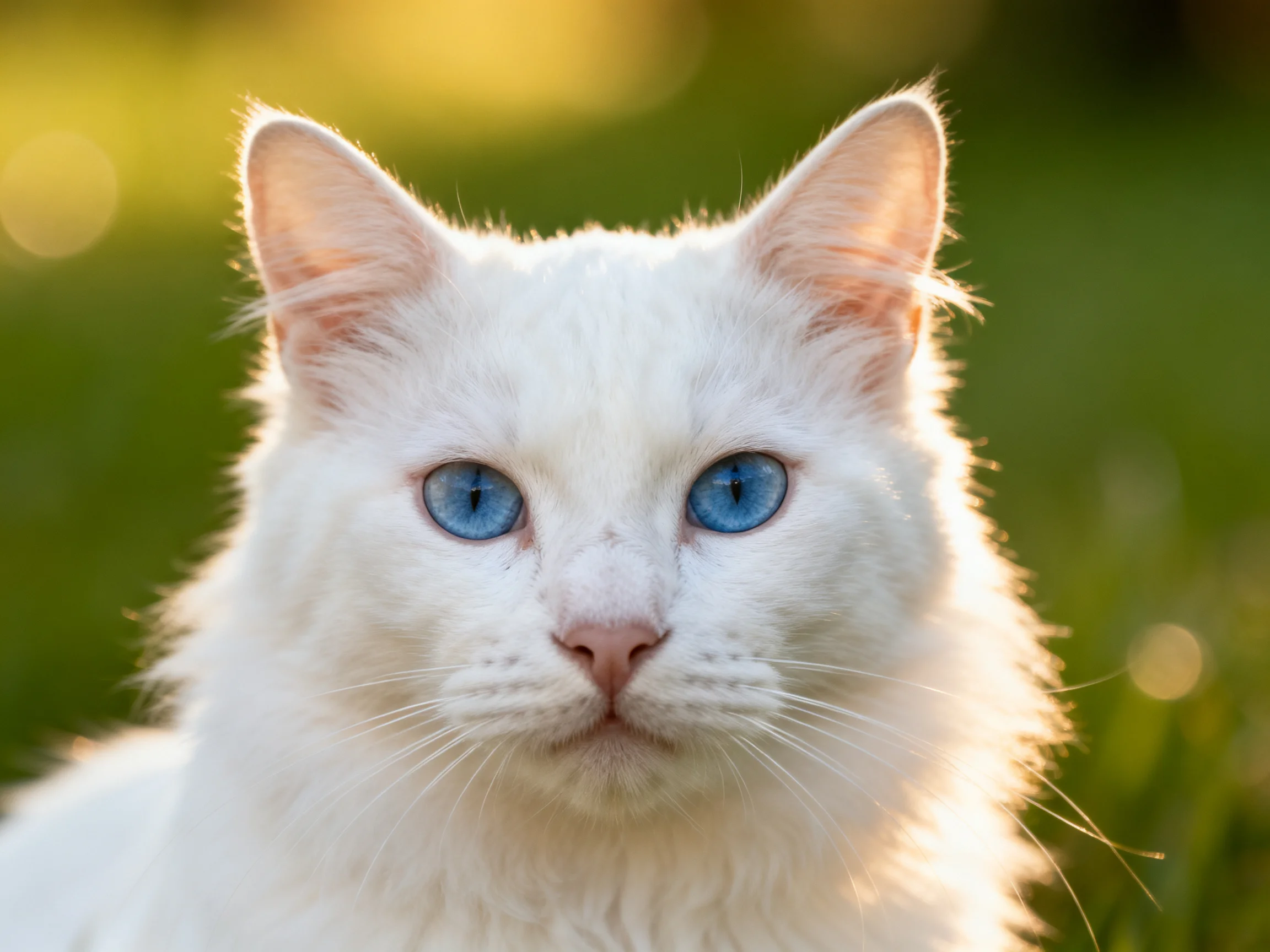 A fluffy white cat with striking blue eyes in a sunlit outdoor scene