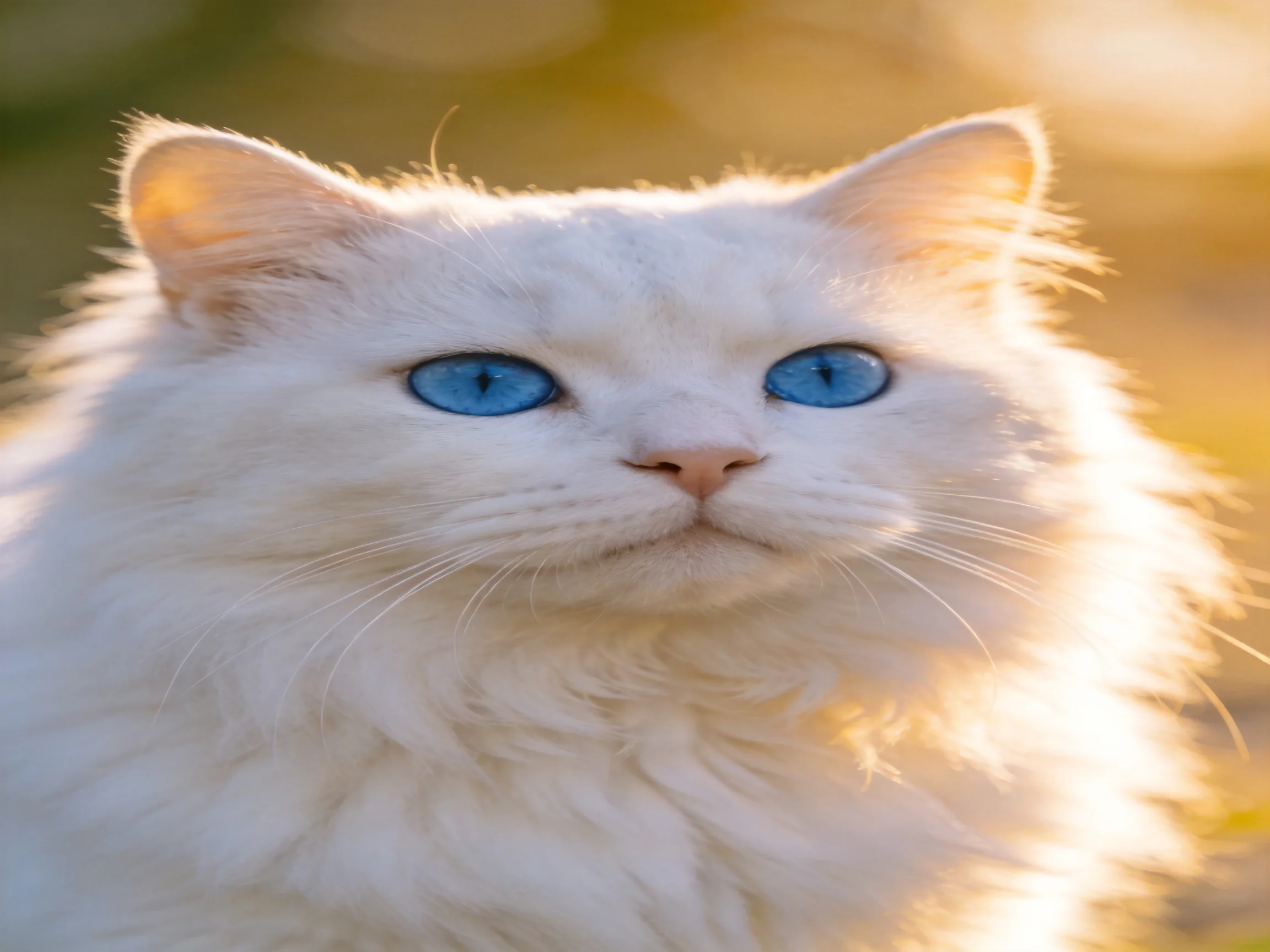 A fluffy white cat with striking blue eyes in golden light