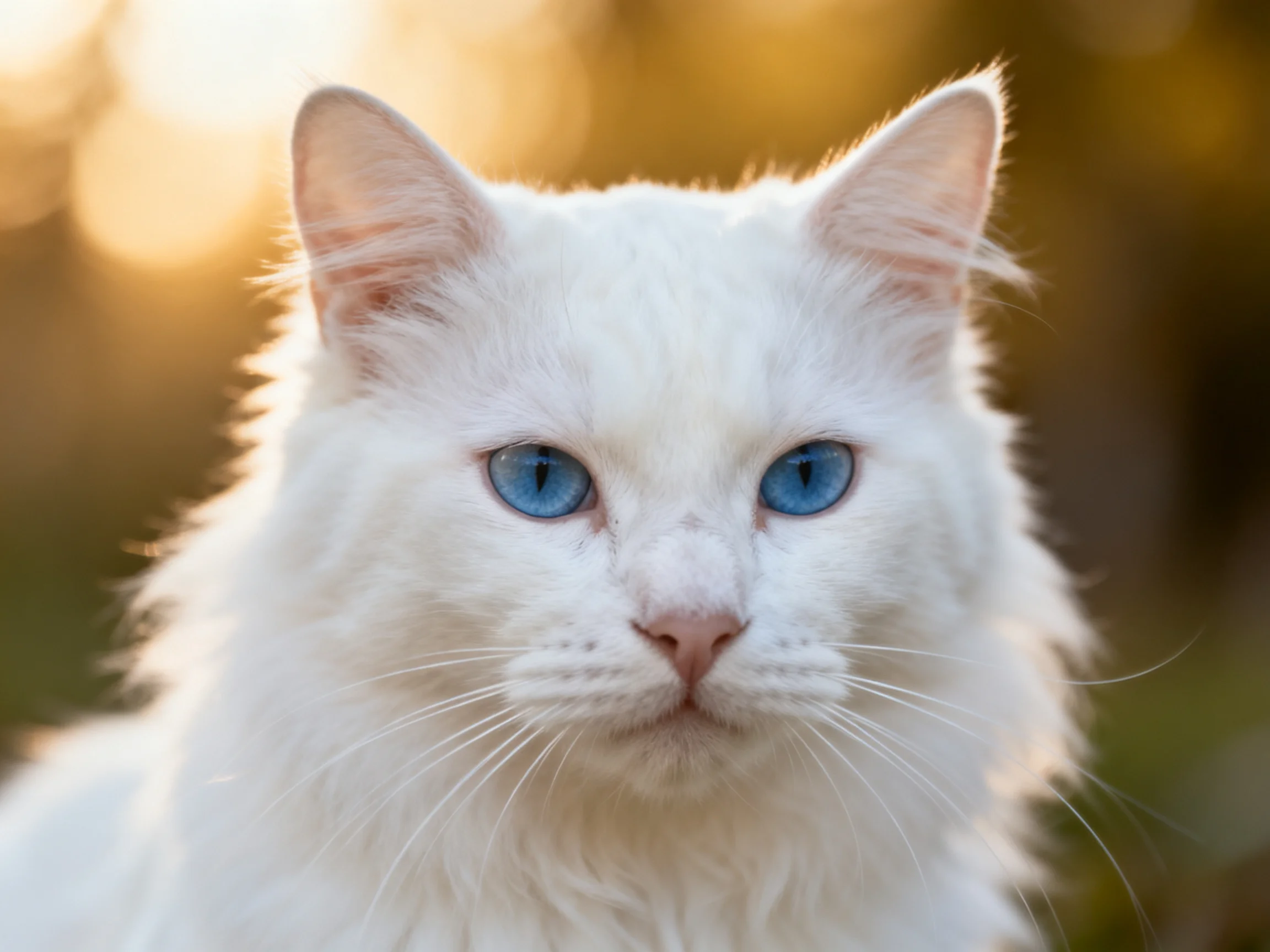 A close - up of a white cat with blue eyes in a softly lit outdoor scene.
