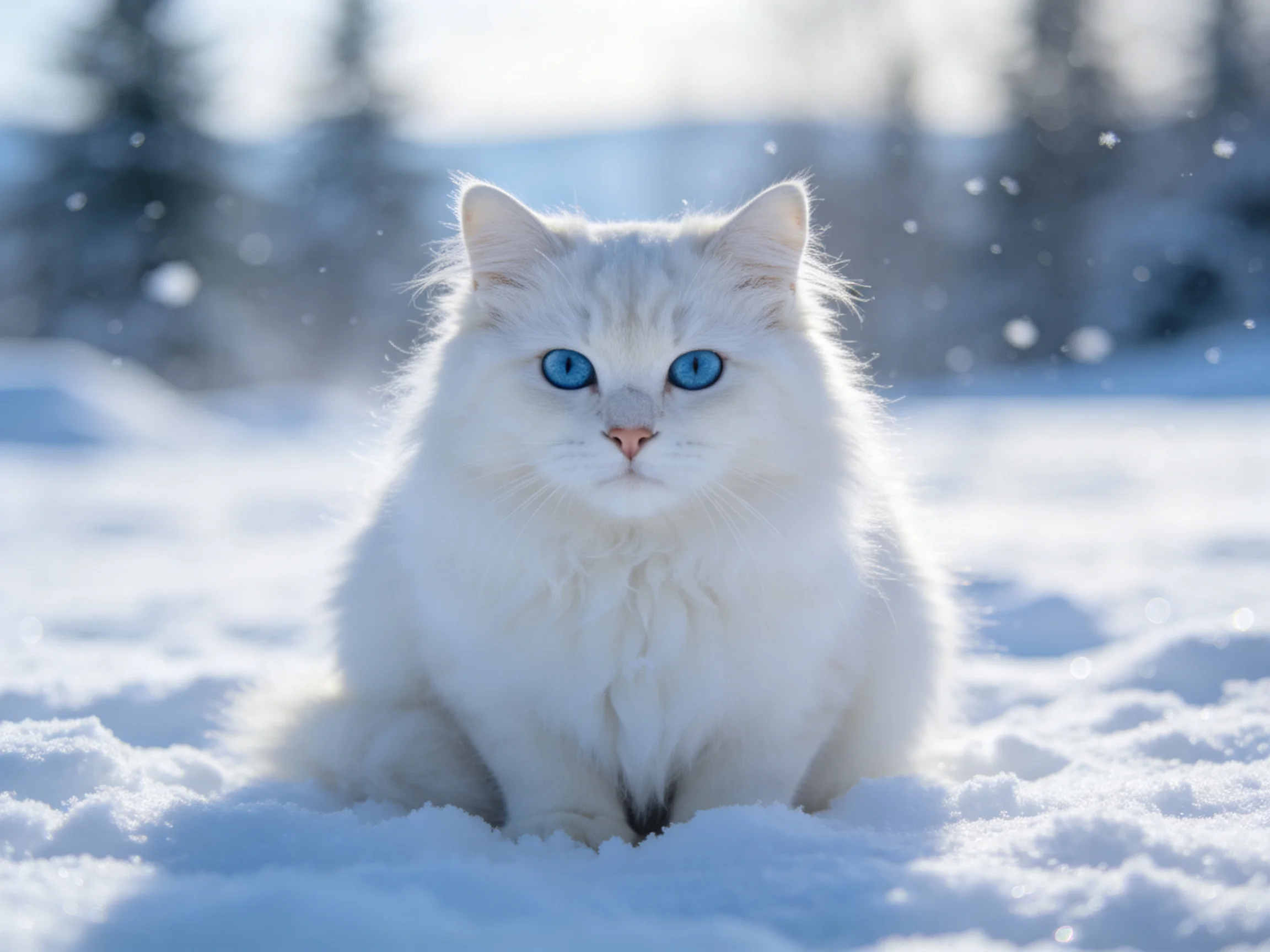 A fluffy white cat with blue eyes sits calmly in the snow.