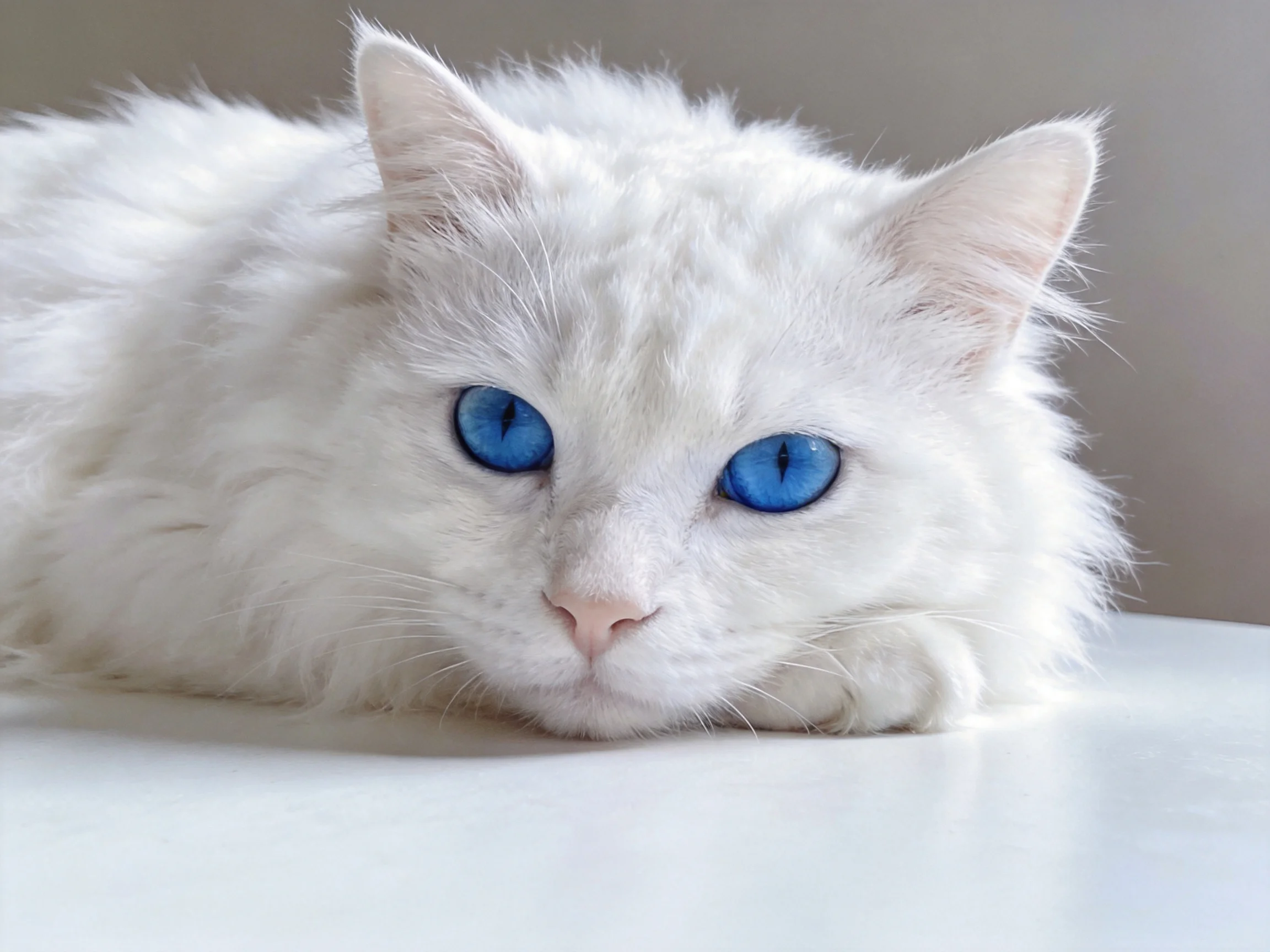A fluffy white cat with vivid blue eyes rests on a smooth surface