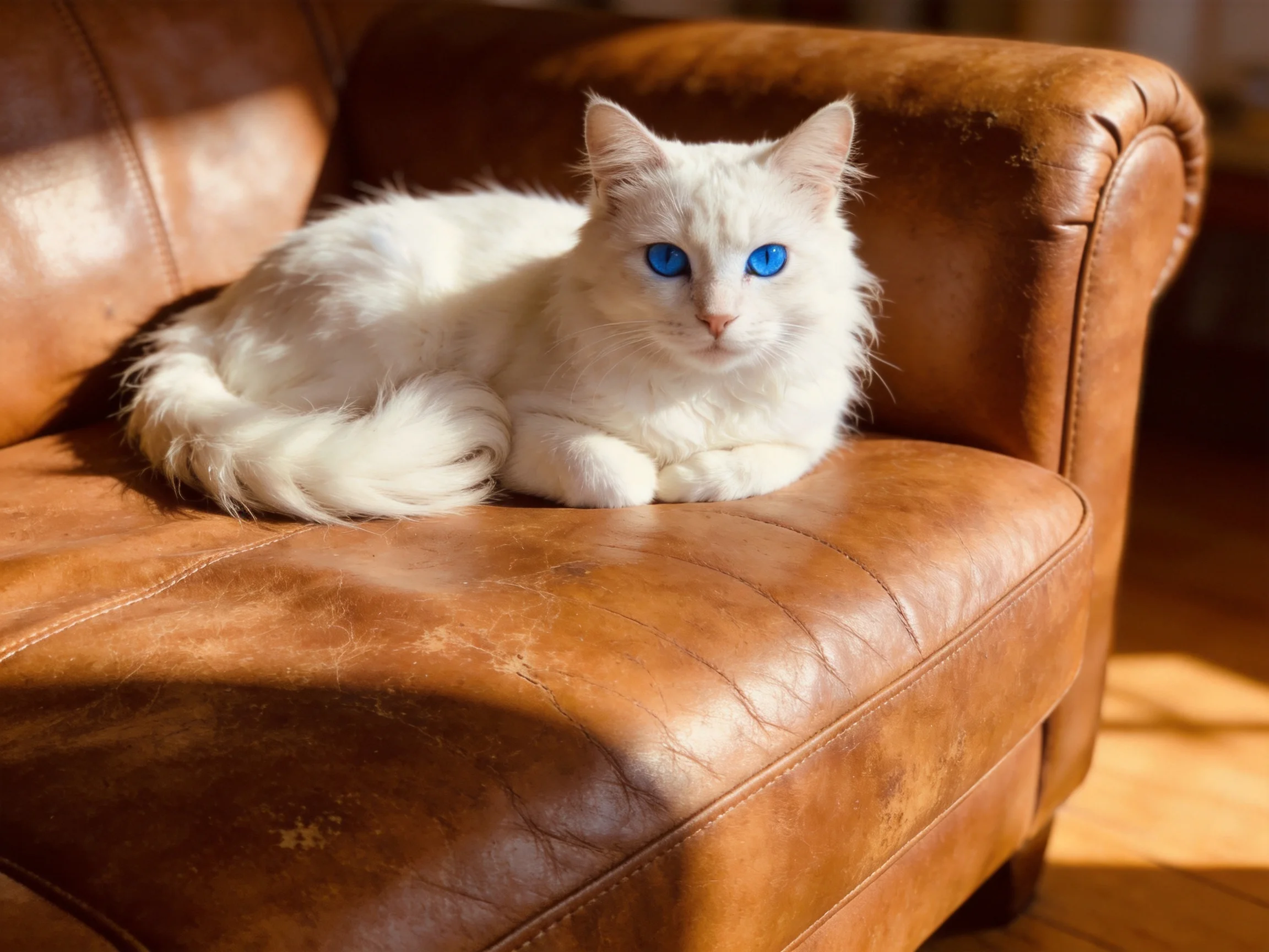 A white cat with blue eyes relaxes on a brown leather chair