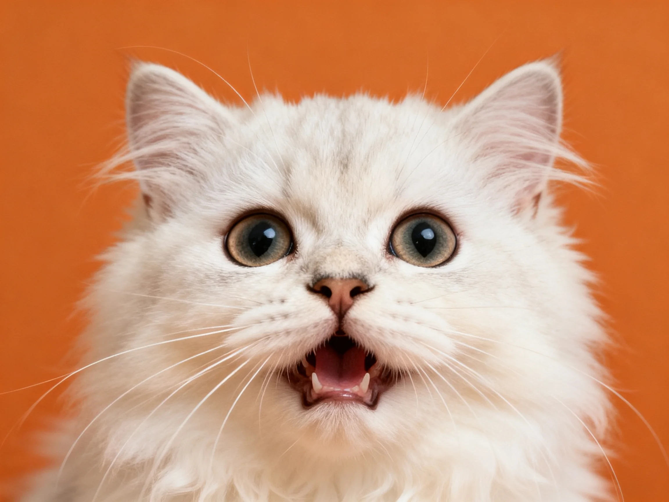 A fluffy white cat with wide eyes looks surprised against an orange background.