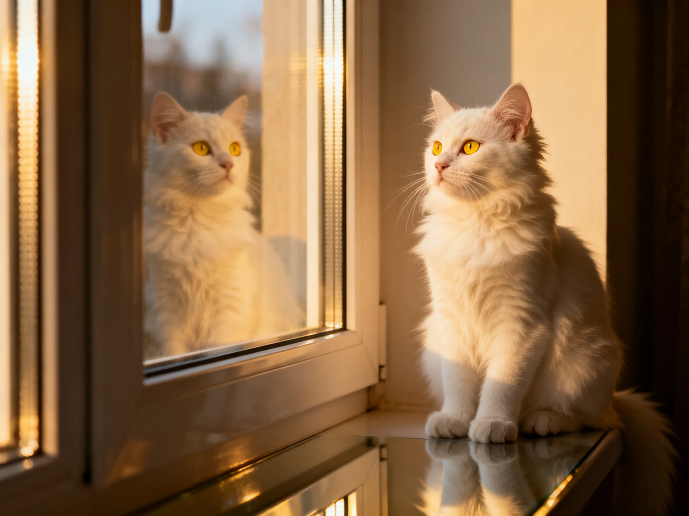 A white cat with yellow eyes sits by a sunlit window with its reflection visible.