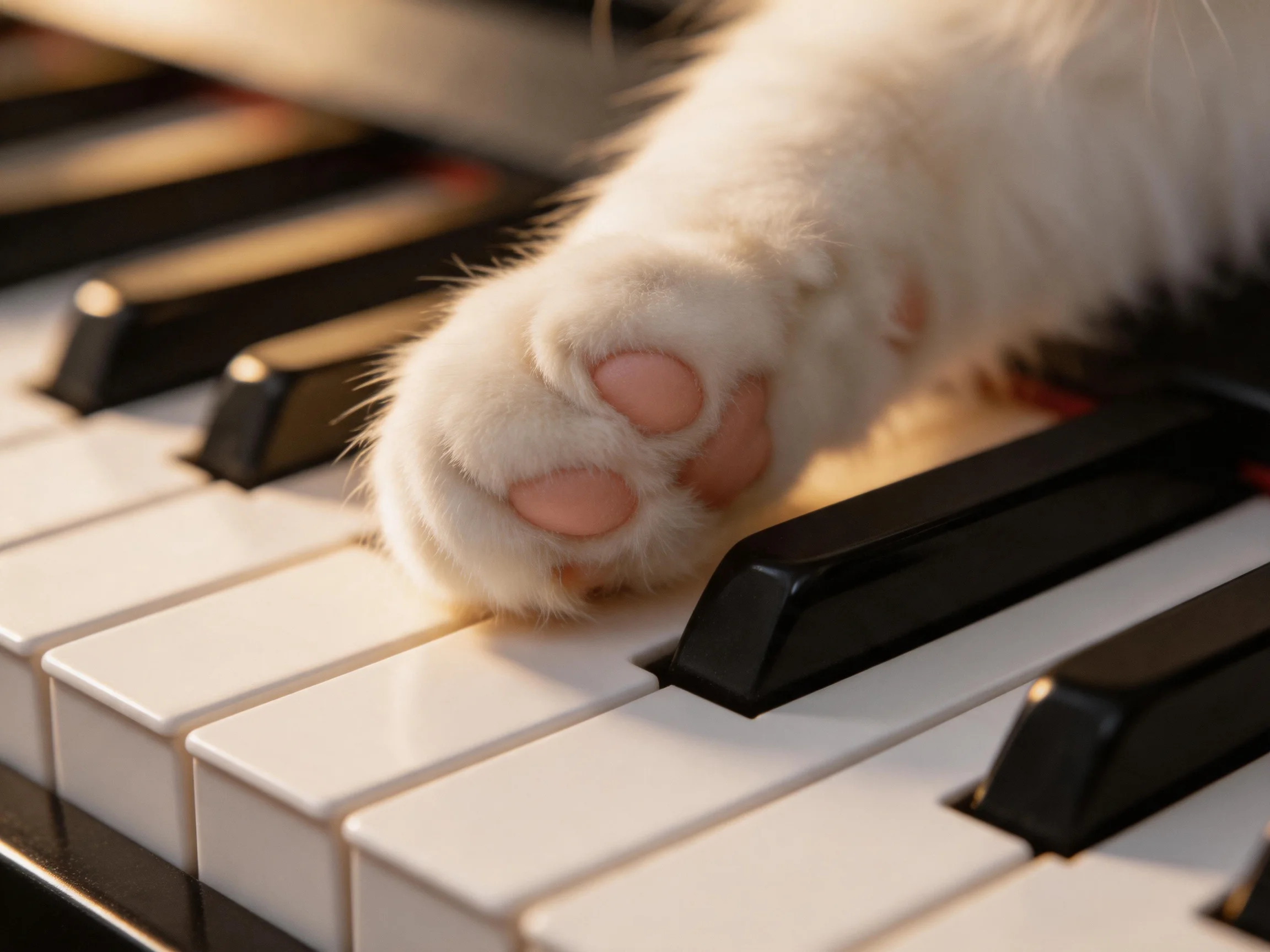A fluffy white cats paw touching black and white piano keys
