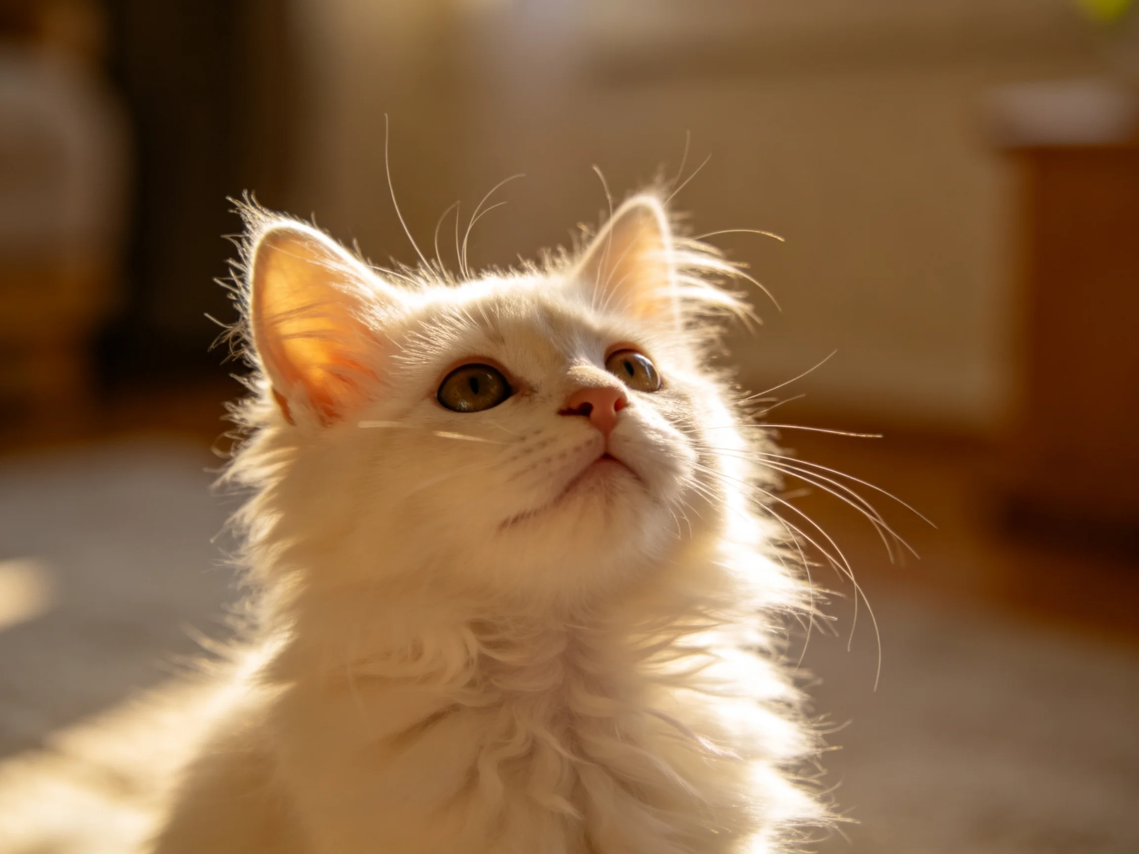 A fluffy white kitten gazes upward in warm golden indoor light