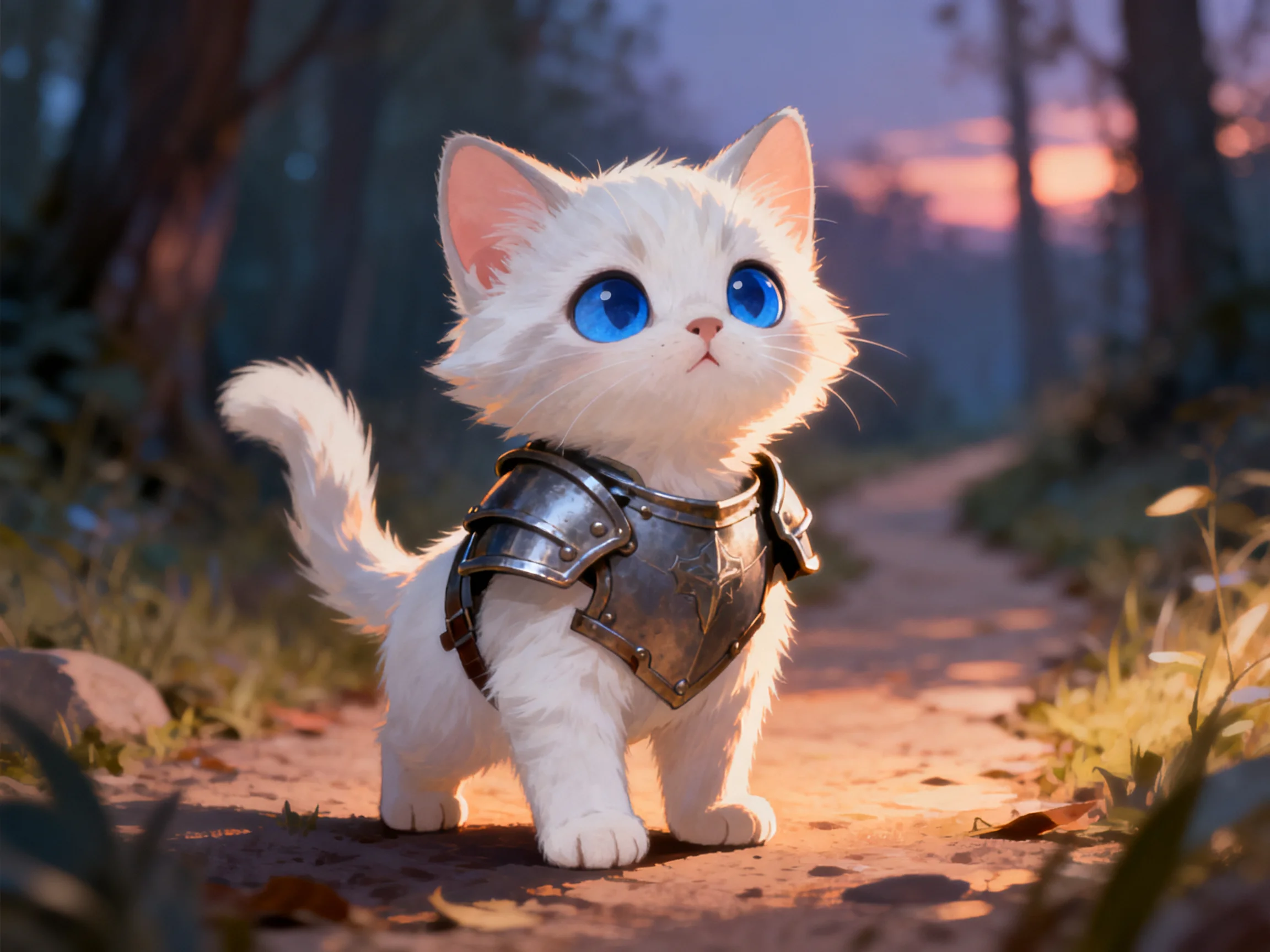 A small white kitten with blue eyes wears armor on a sunlit forest path.