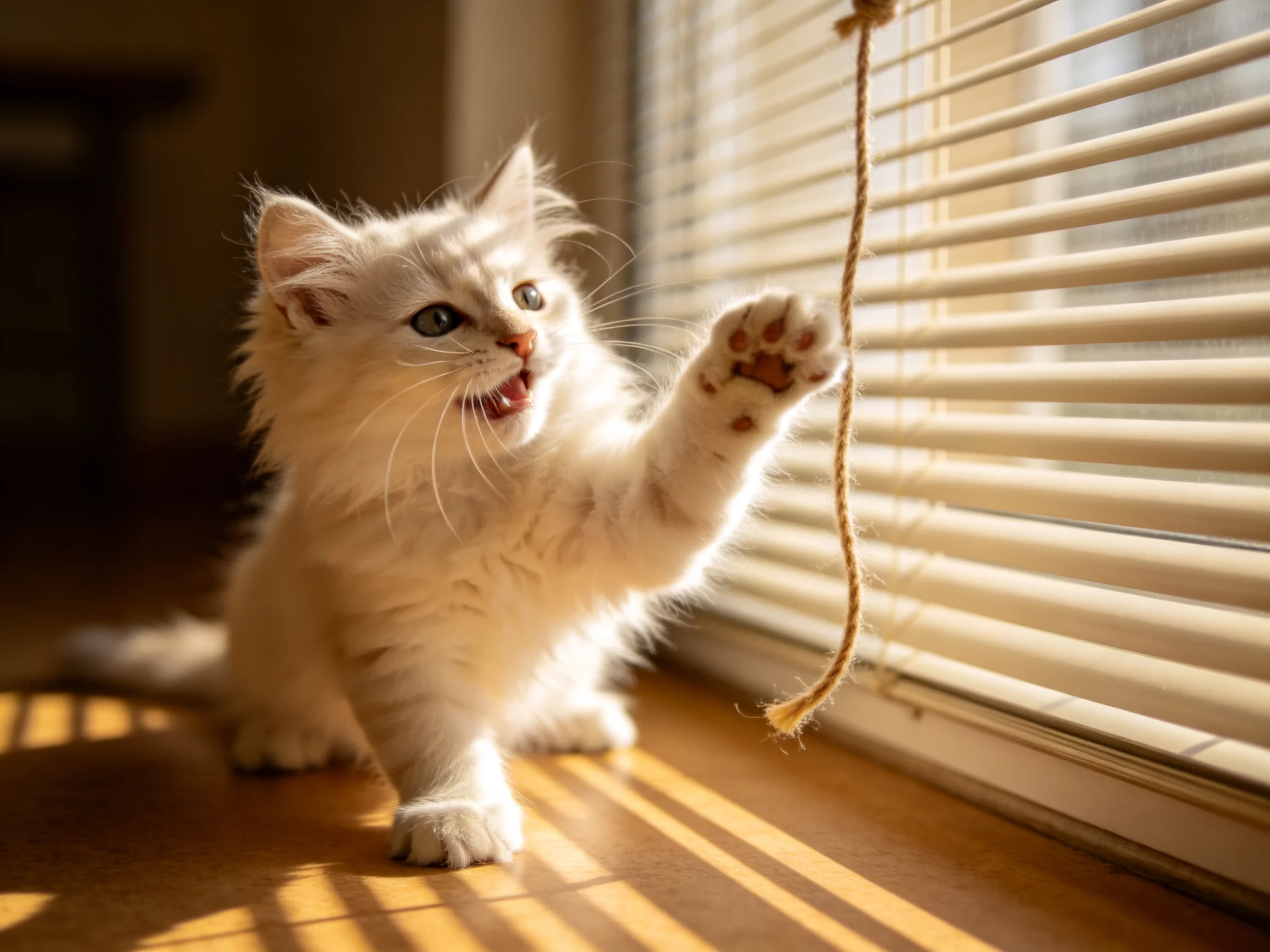A white kitten plays with a rope toy near window blinds.