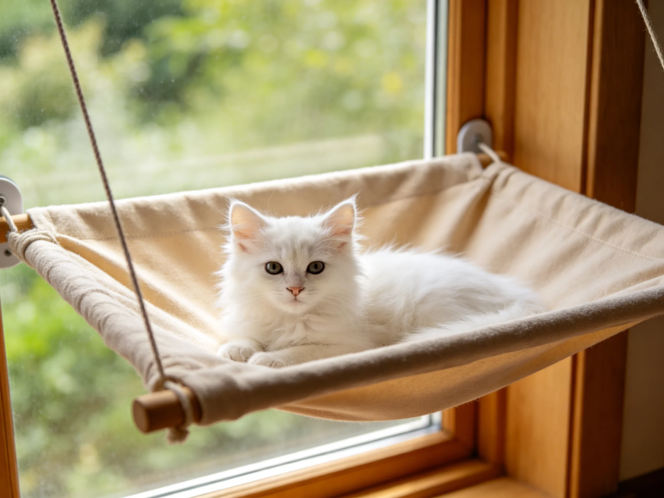 A fluffy white kitten relaxes in a hanging hammock by a wooden-framed window.