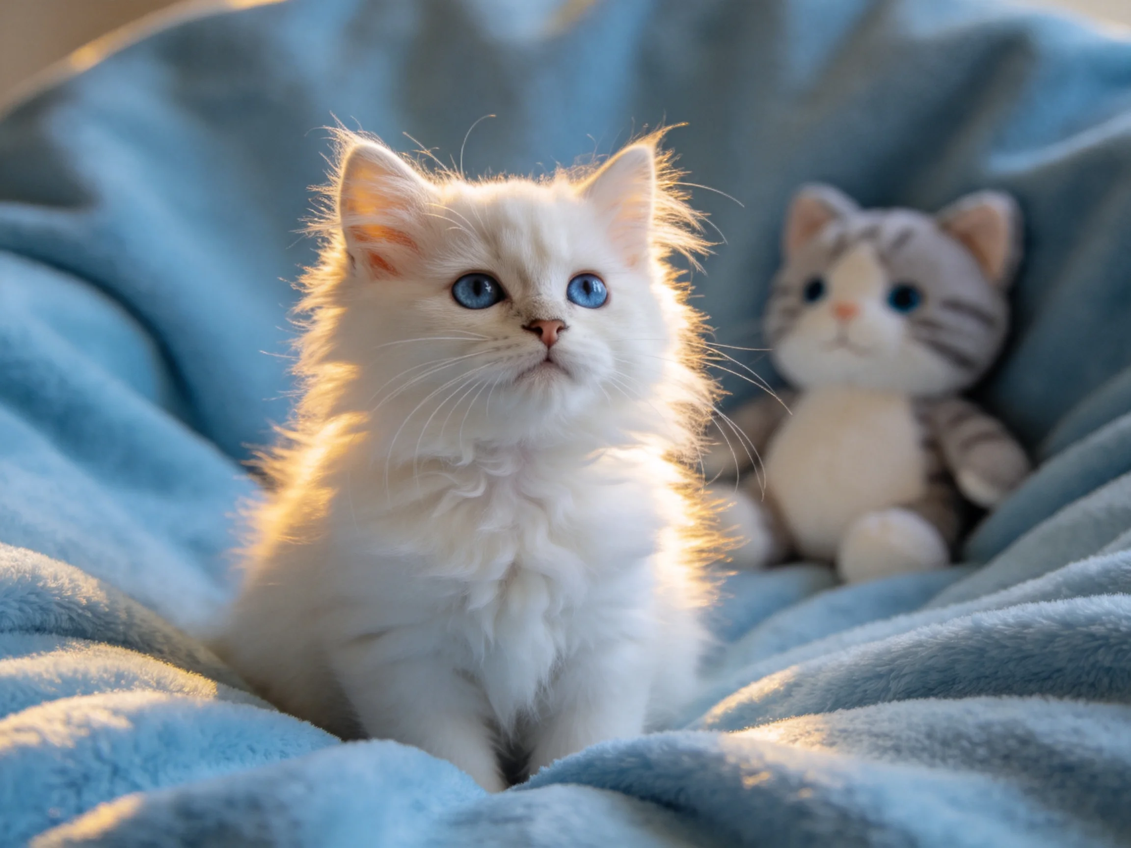 A fluffy white kitten sits beside a gray stuffed cat on a soft blue blanket.