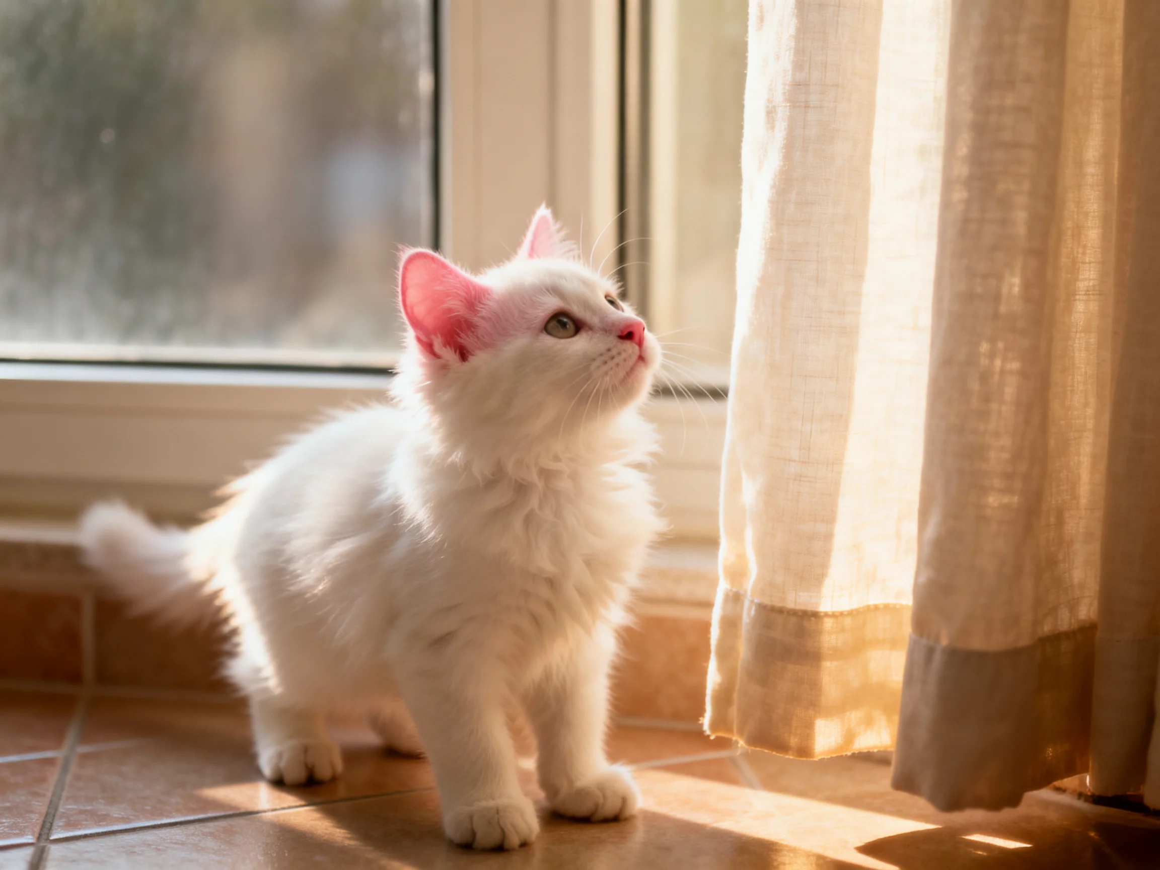 A white kitten looks upward beside a sunlit window with curtains.