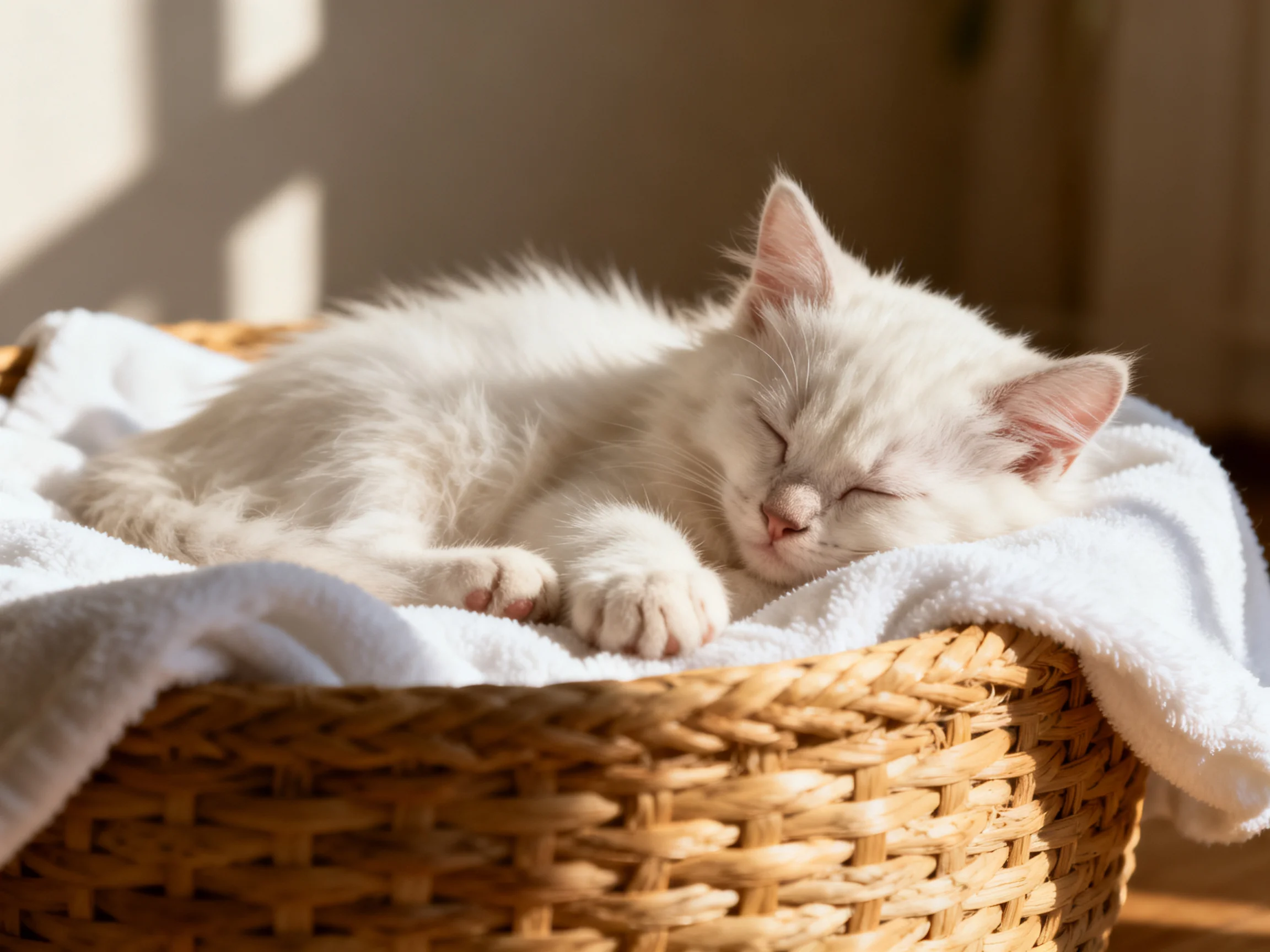 A fluffy white kitten sleeps in a wicker basket with a white towel
