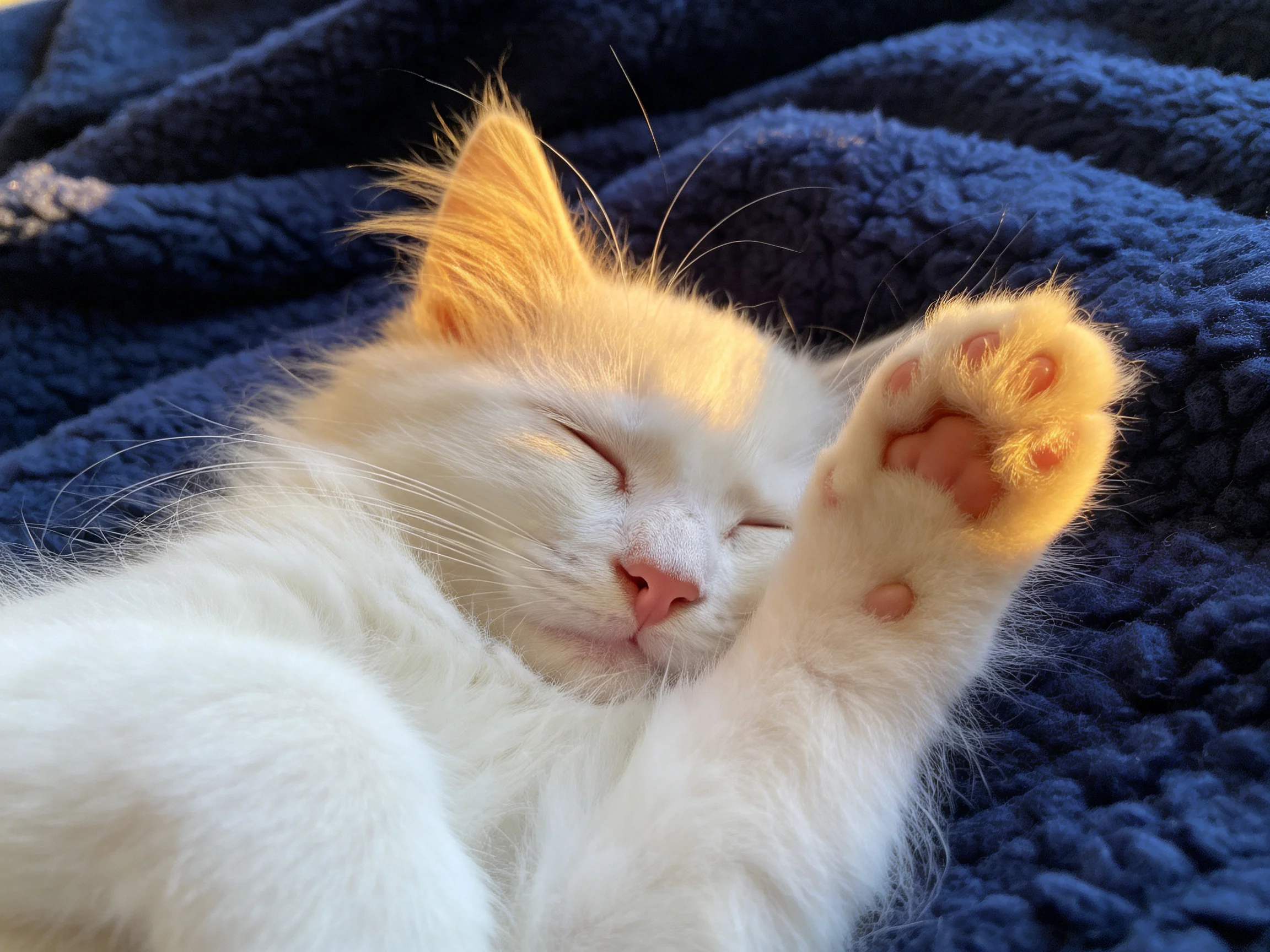 A fluffy white kitten sleeps on a plush dark blue blanket