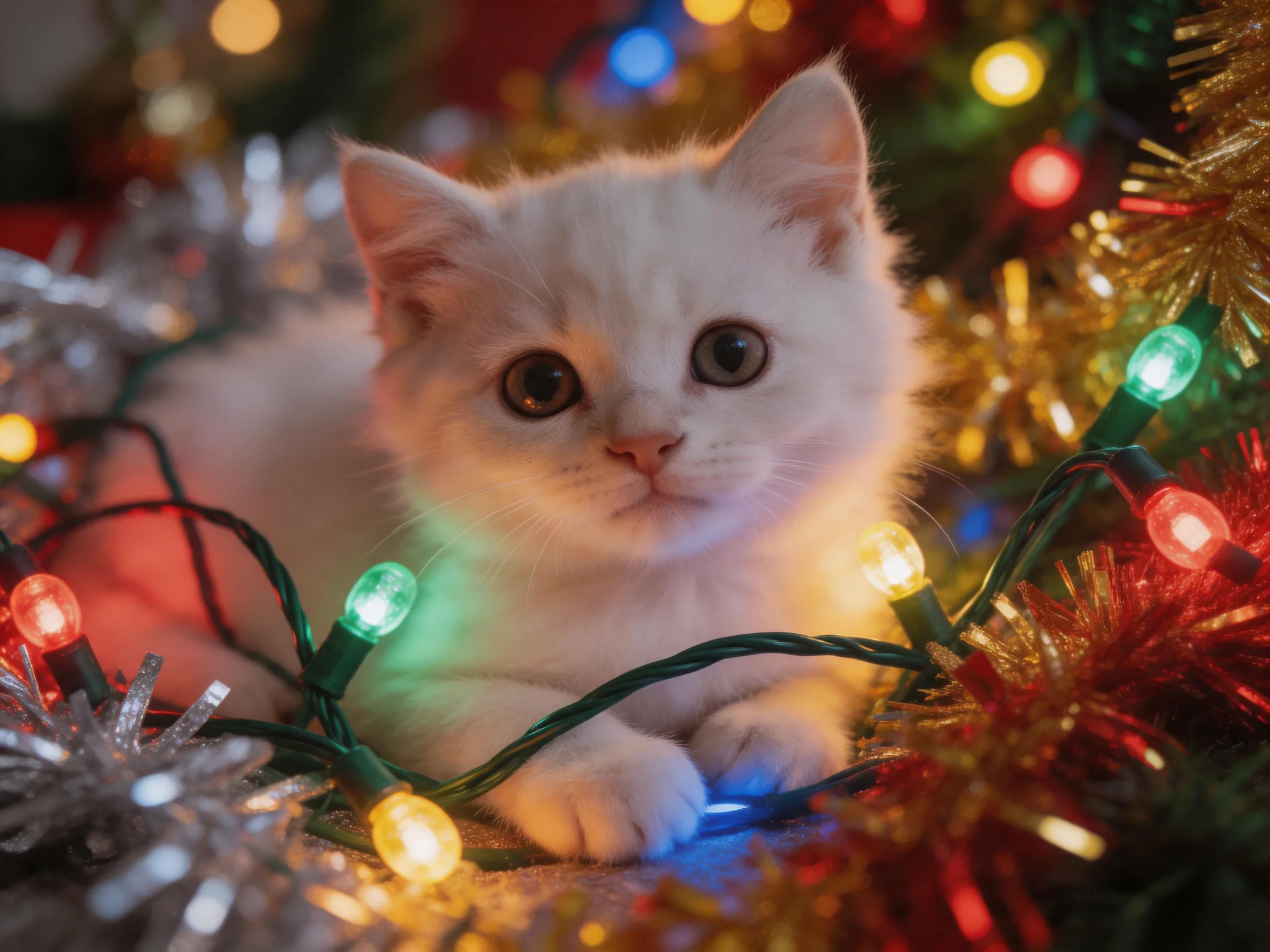 A white kitten rests amid colorful holiday lights and decorations