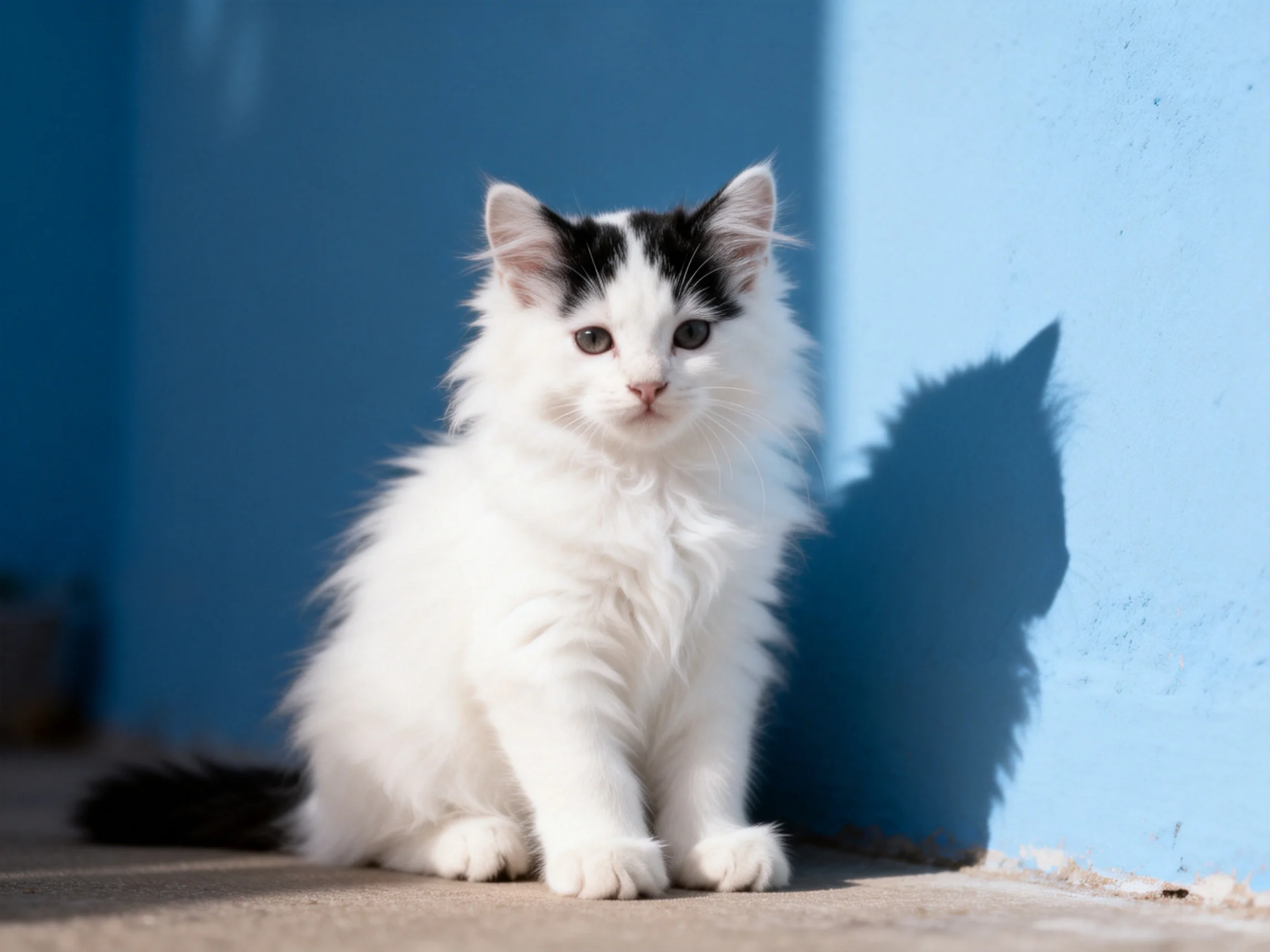 A fluffy white kitten with black markings sits near a bright blue wall.