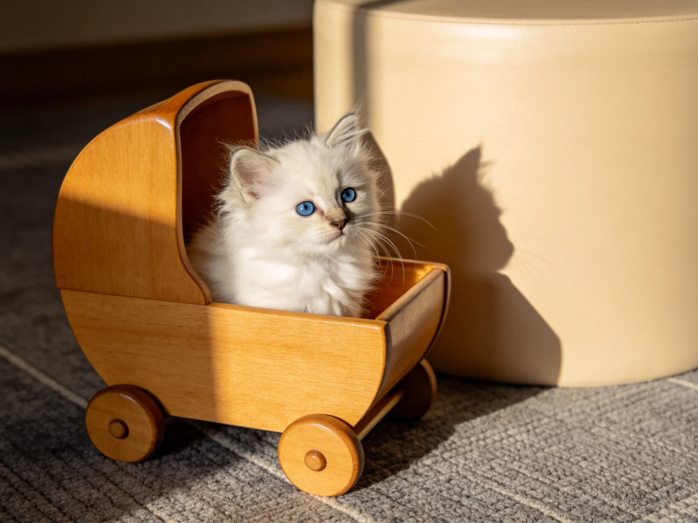 A fluffy white kitten sits in a small wooden pram next to a beige ottoman.