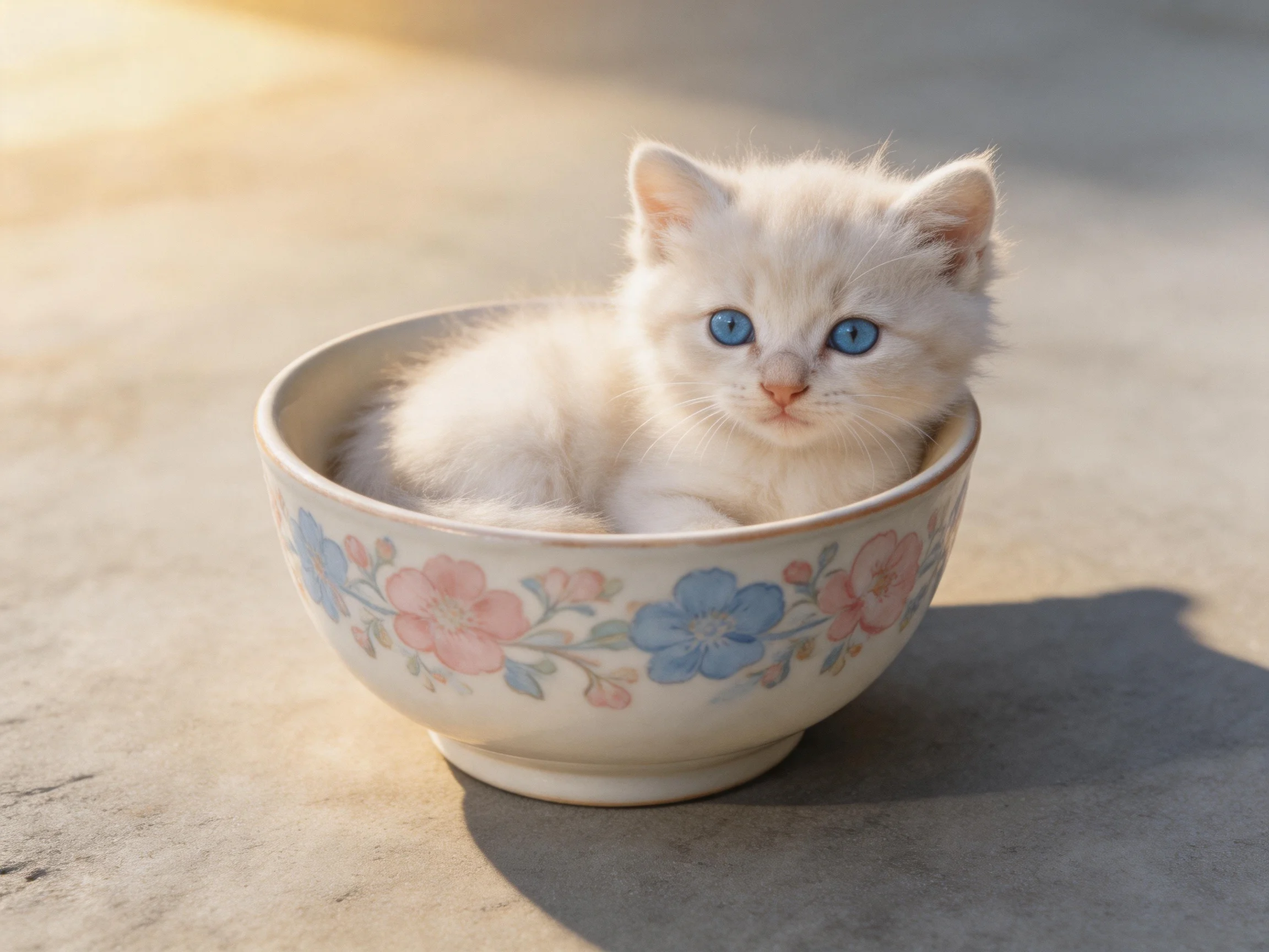 A white kitten with blue eyes sits in a decorated bowl.