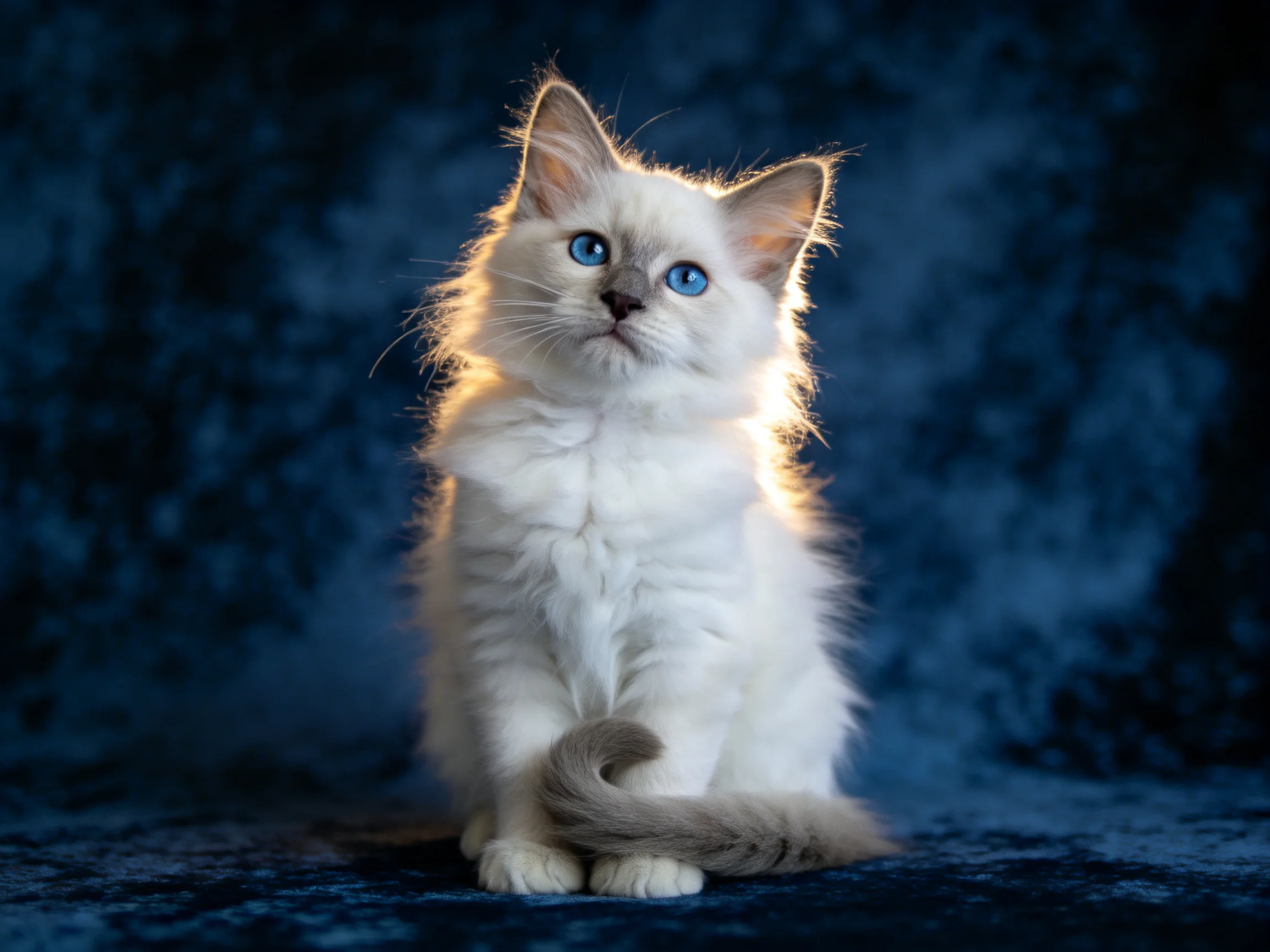A fluffy white kitten with bright blue eyes against a dark blue backdrop