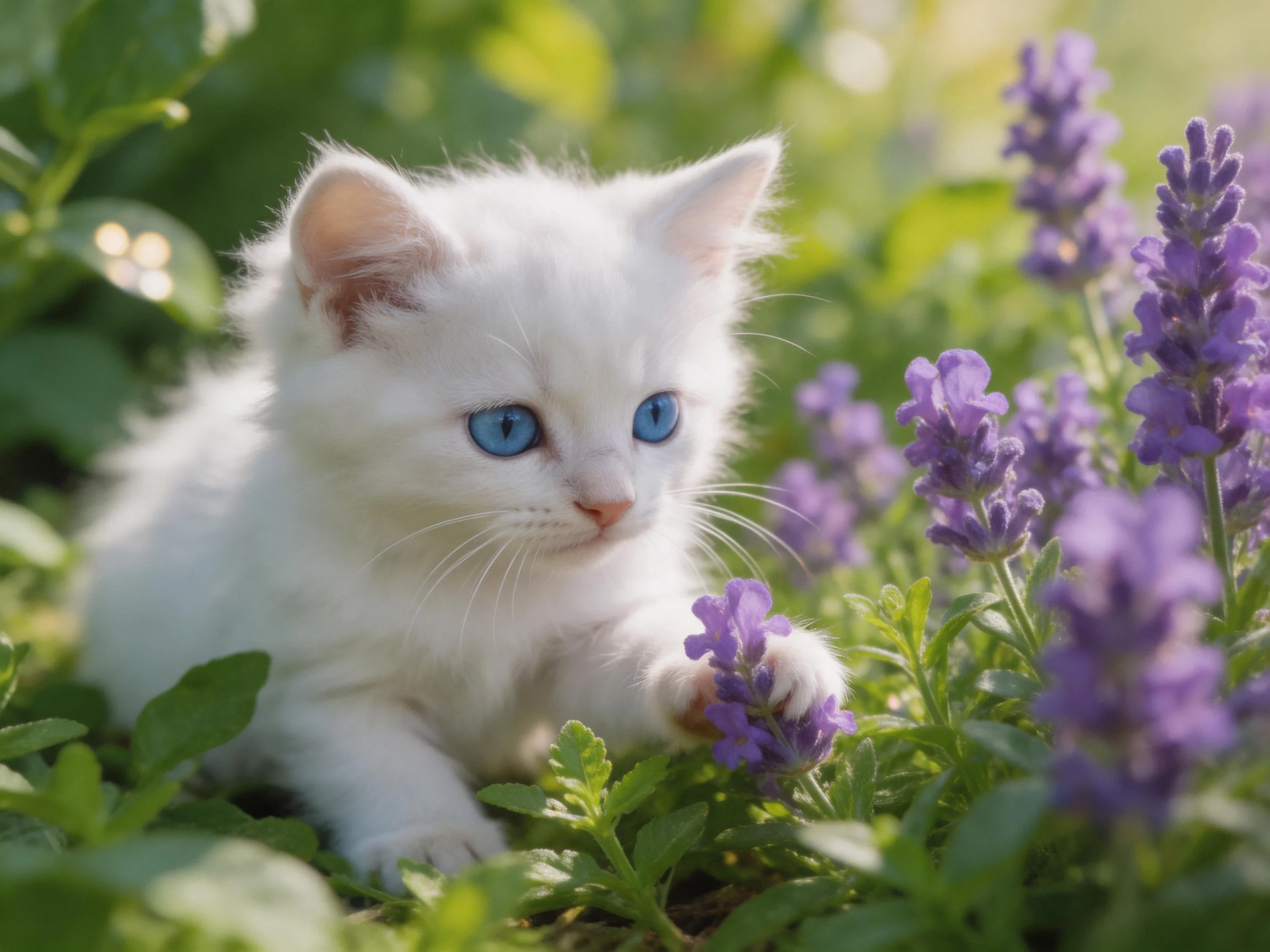 A small white kitten with blue eyes interacts with purple flowers in a sun-dappled garden.
