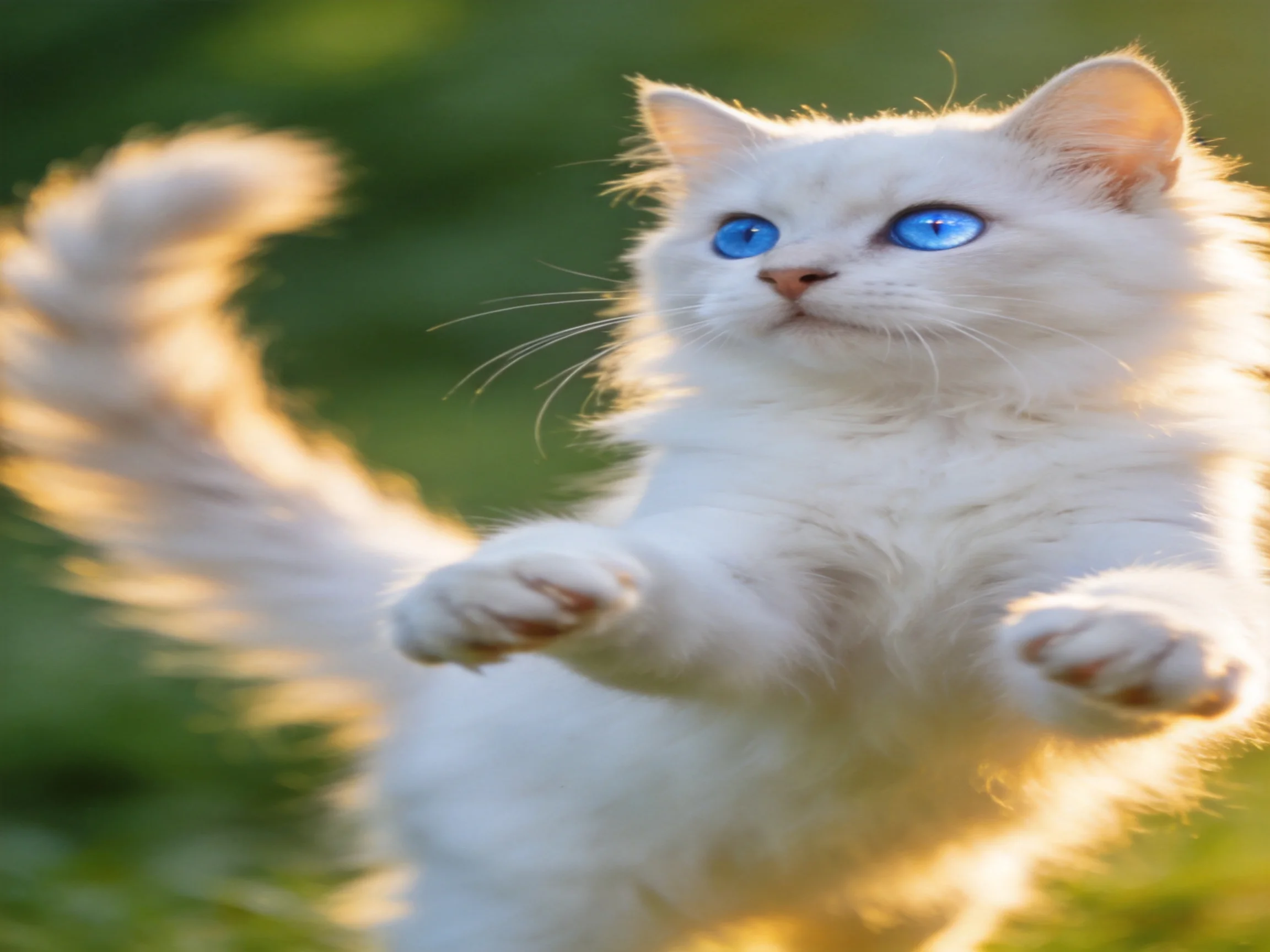 A white kitten with blue eyes jumps amid sunlit green surroundings.