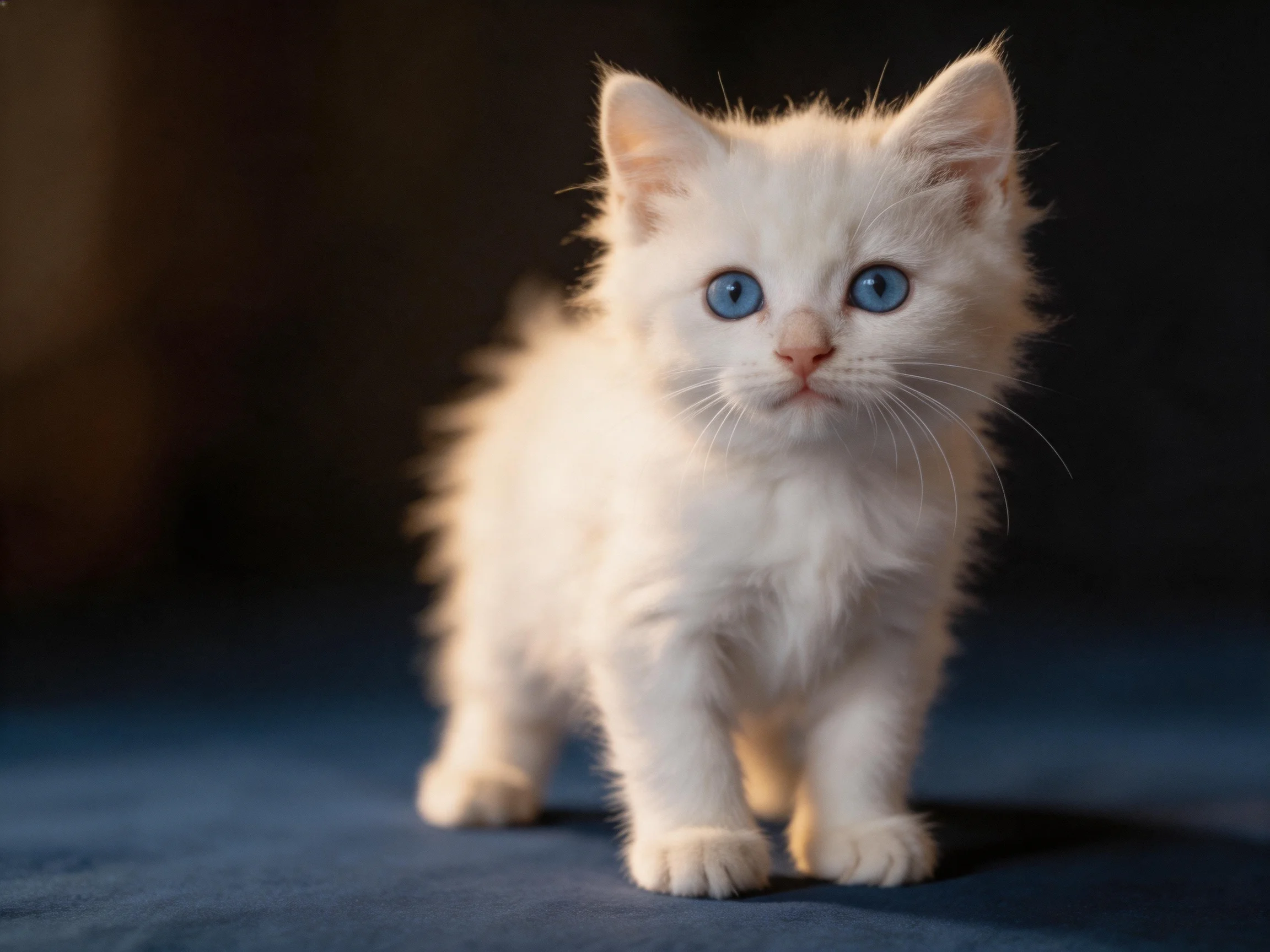 A fluffy white kitten with bright blue eyes on a dark surface