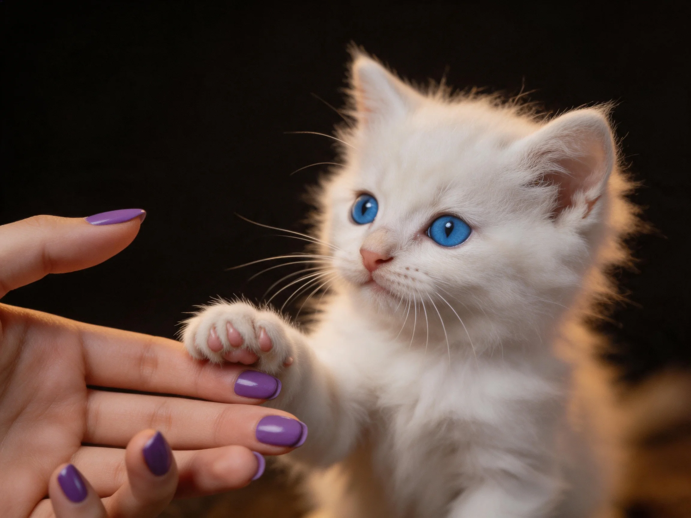 A fluffy white kitten with blue eyes reaches toward a hand with purple nail polish.