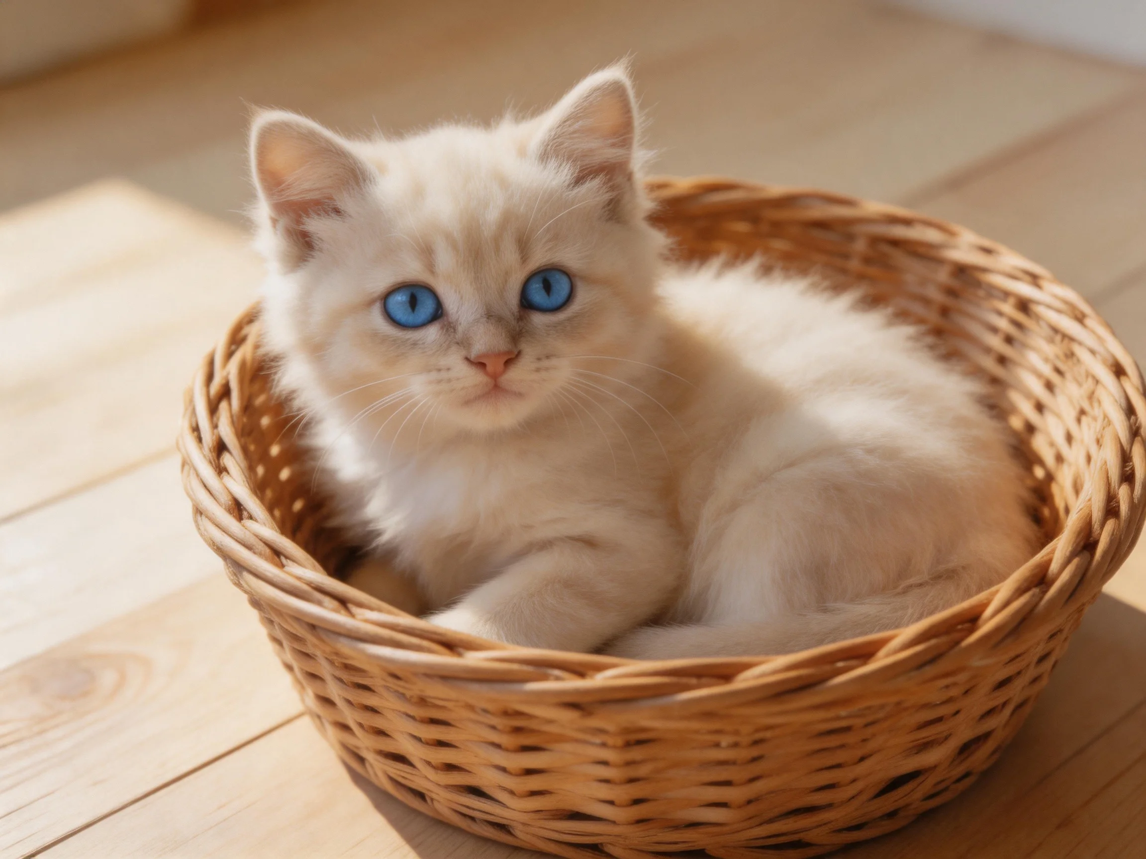 A small white kitten with blue eyes relaxes inside a wicker basket.