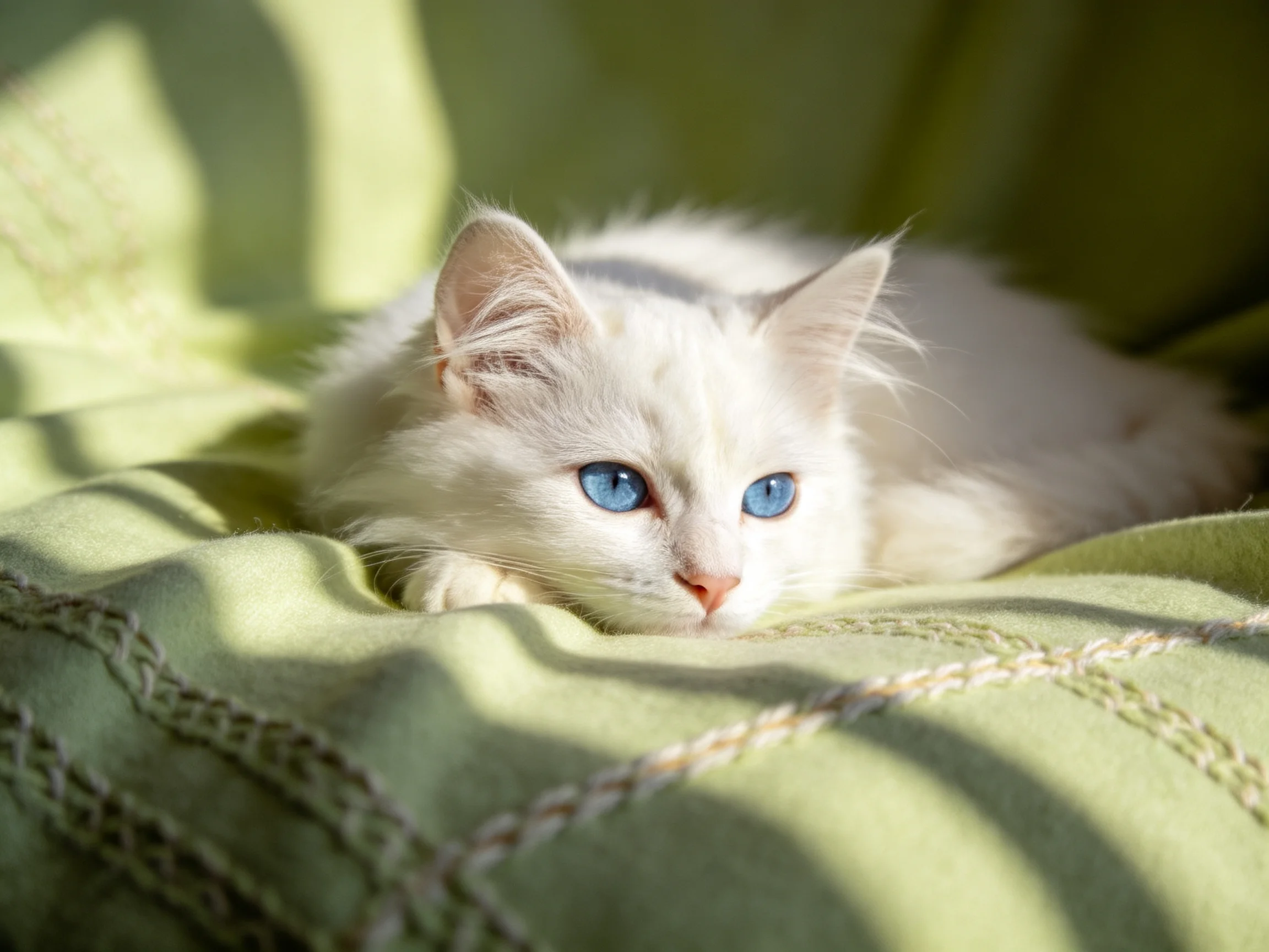 A white kitten with blue eyes relaxes on a green blanket in soft light.