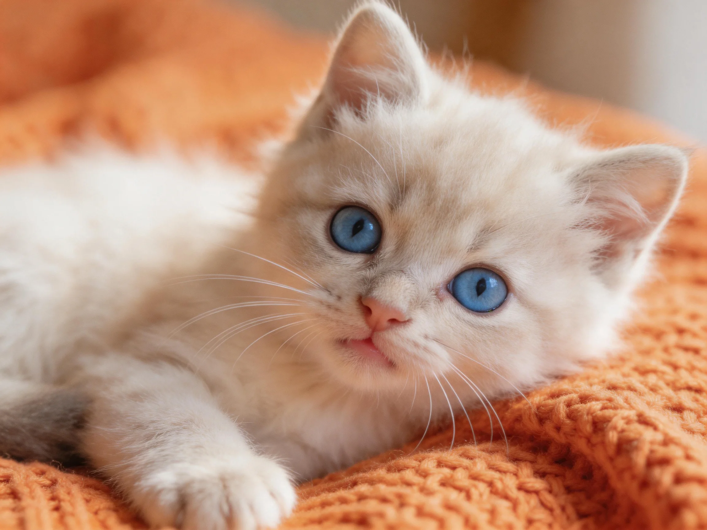 A small white kitten with striking blue eyes lies comfortably on an orange fabric surface.