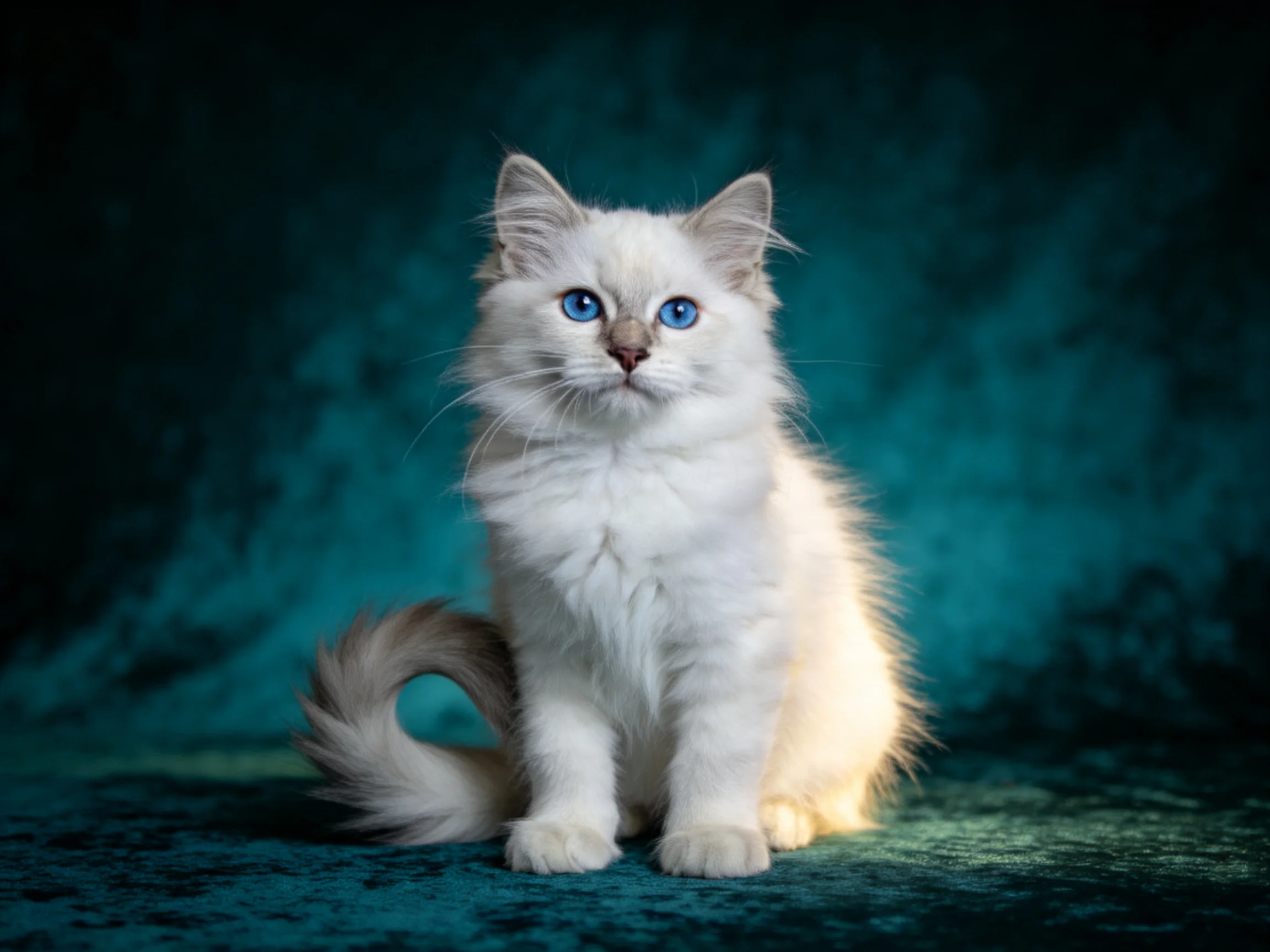 A fluffy white kitten with blue eyes sits calmly on a teal surface.