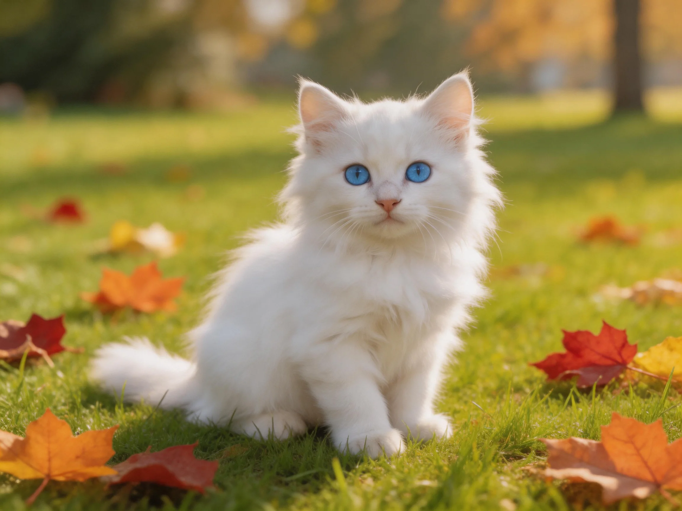 A white kitten with blue eyes sits among autumn leaves on grass