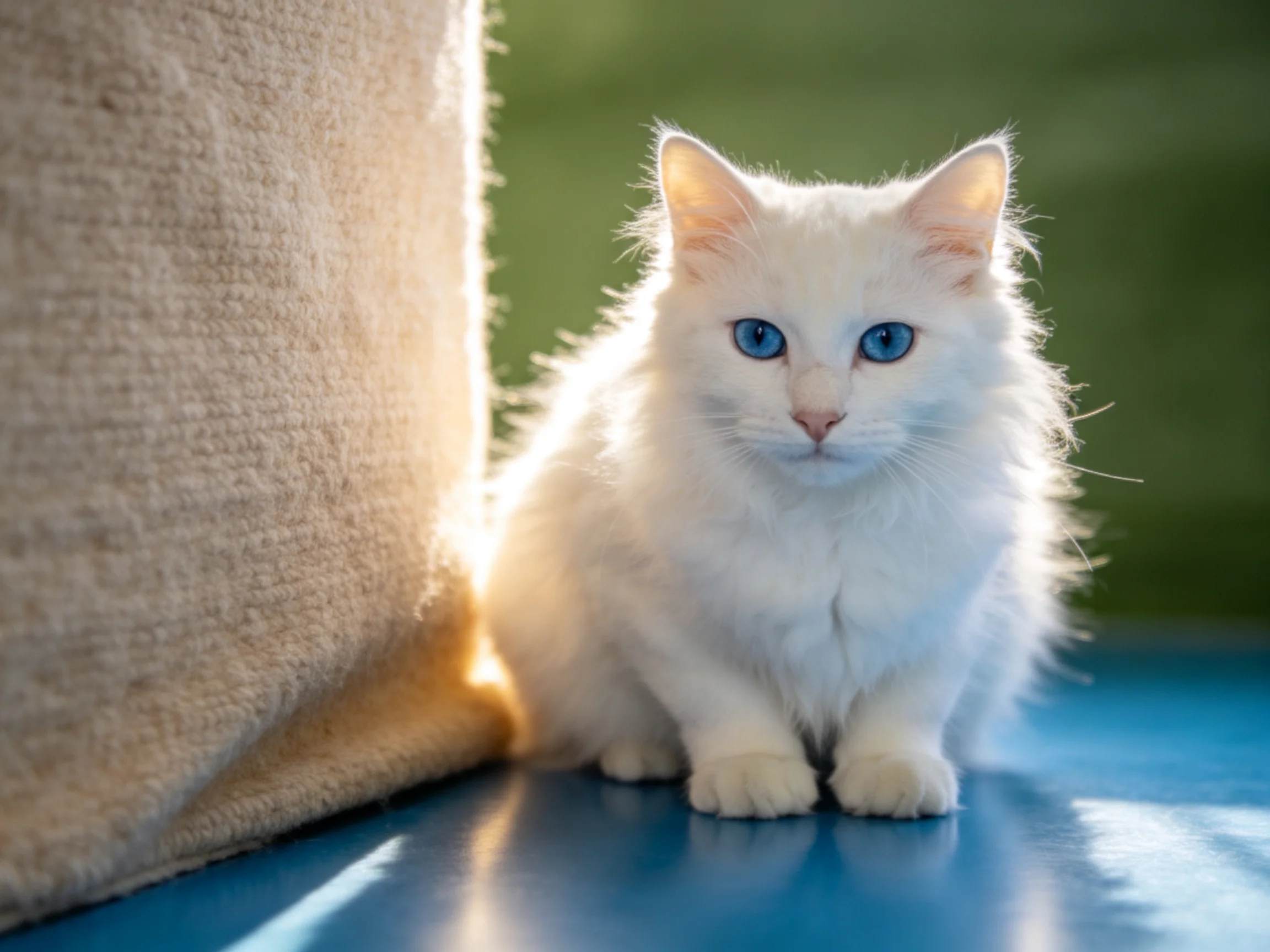 A white kitten with blue eyes rests next to a cushion