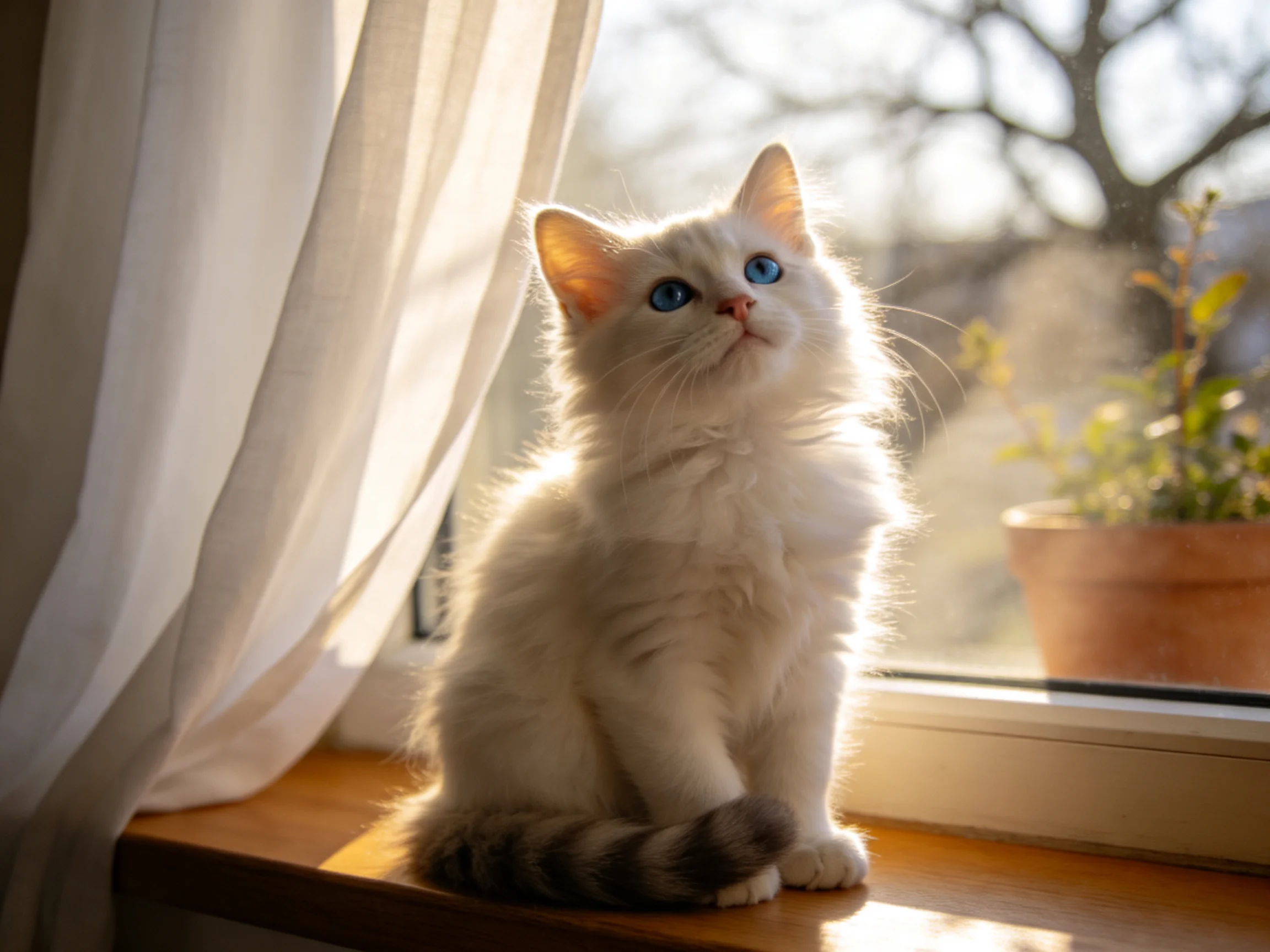 A white kitten with blue eyes sits on a sunlit windowsill.