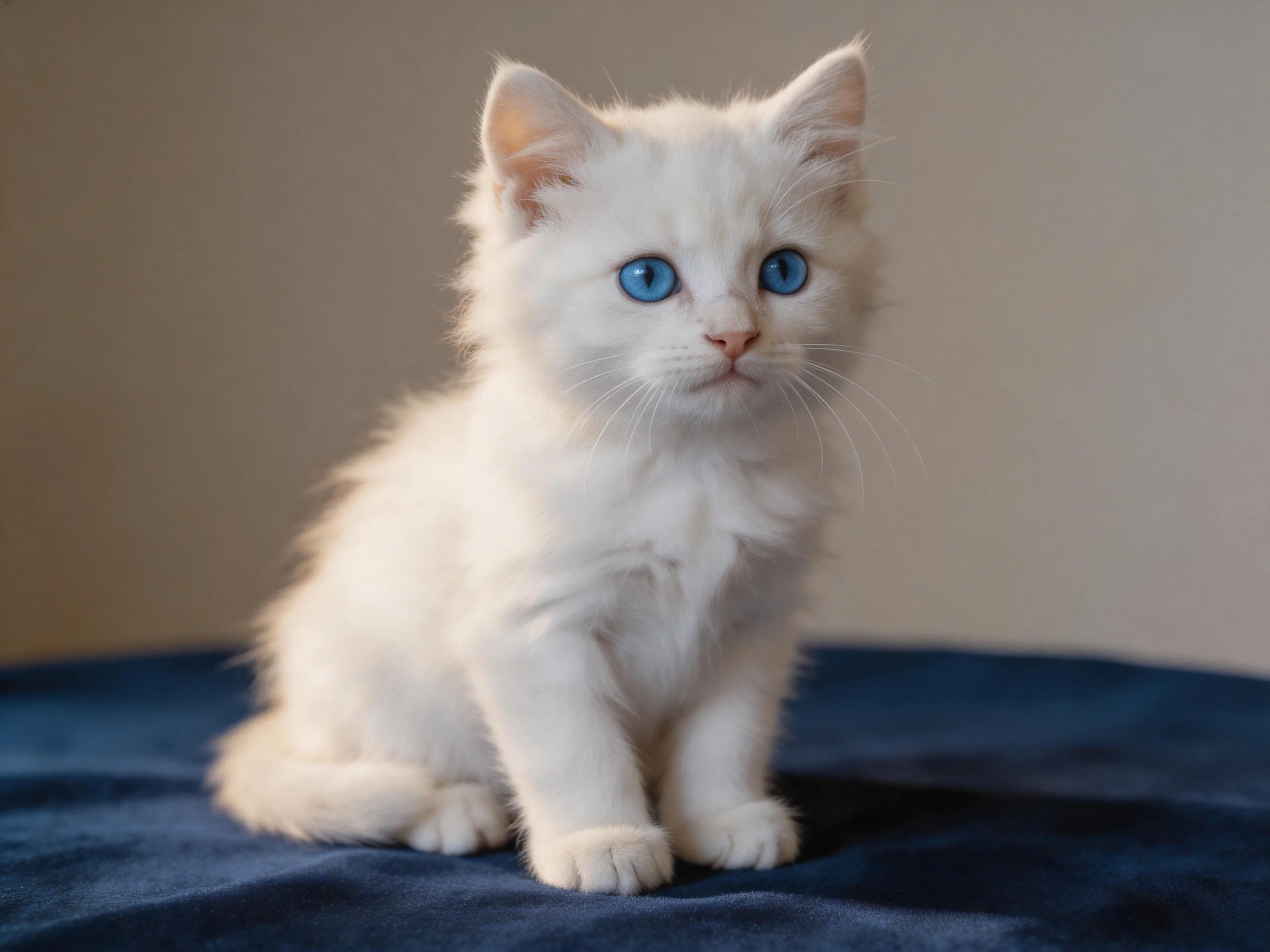 A white kitten with blue eyes sits calmly on a dark blue fabric surface