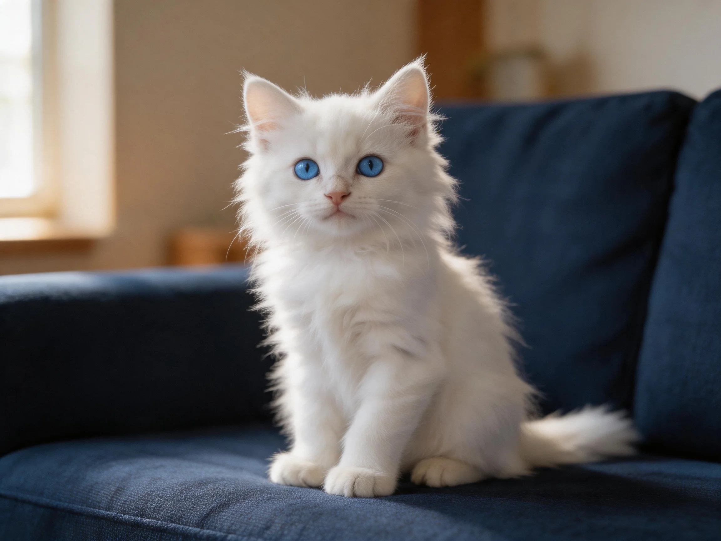 A white kitten with blue eyes sits on a dark sofa in a softly lit room.