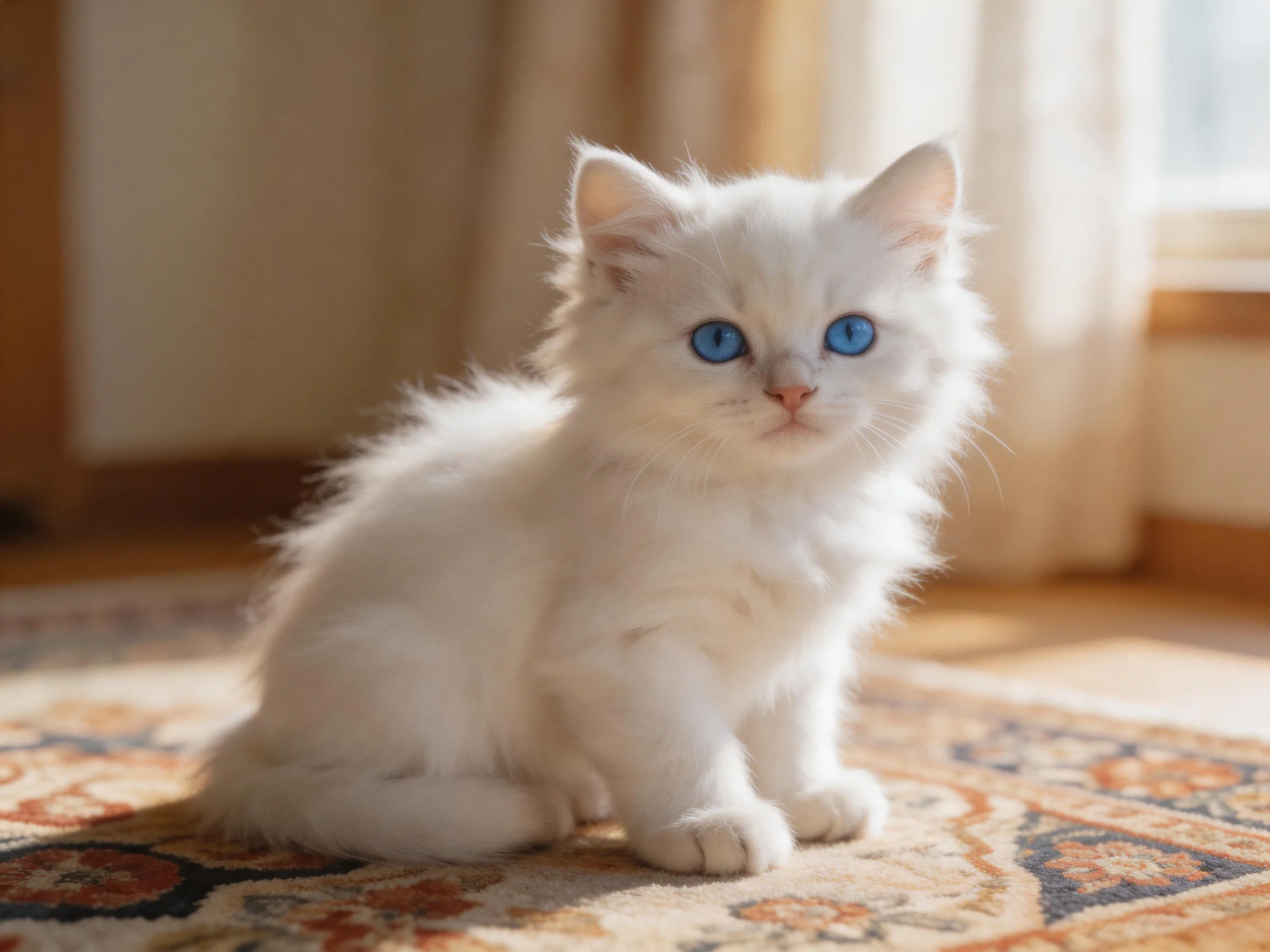 A fluffy white kitten with blue eyes sits on a decorative rug in a sunlit room
