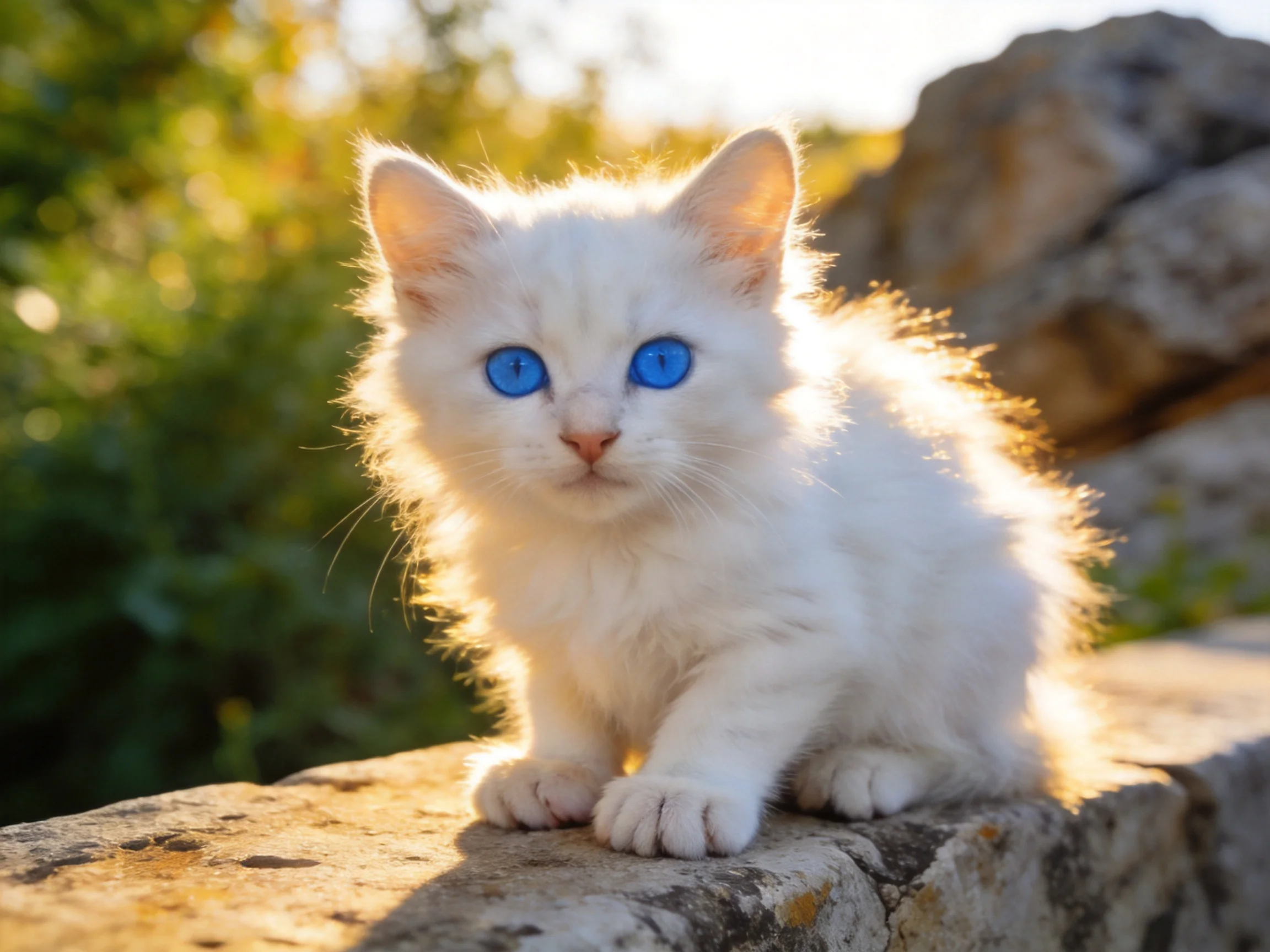 A small white kitten with bright blue eyes rests on a stone surface in a sunlit environment.