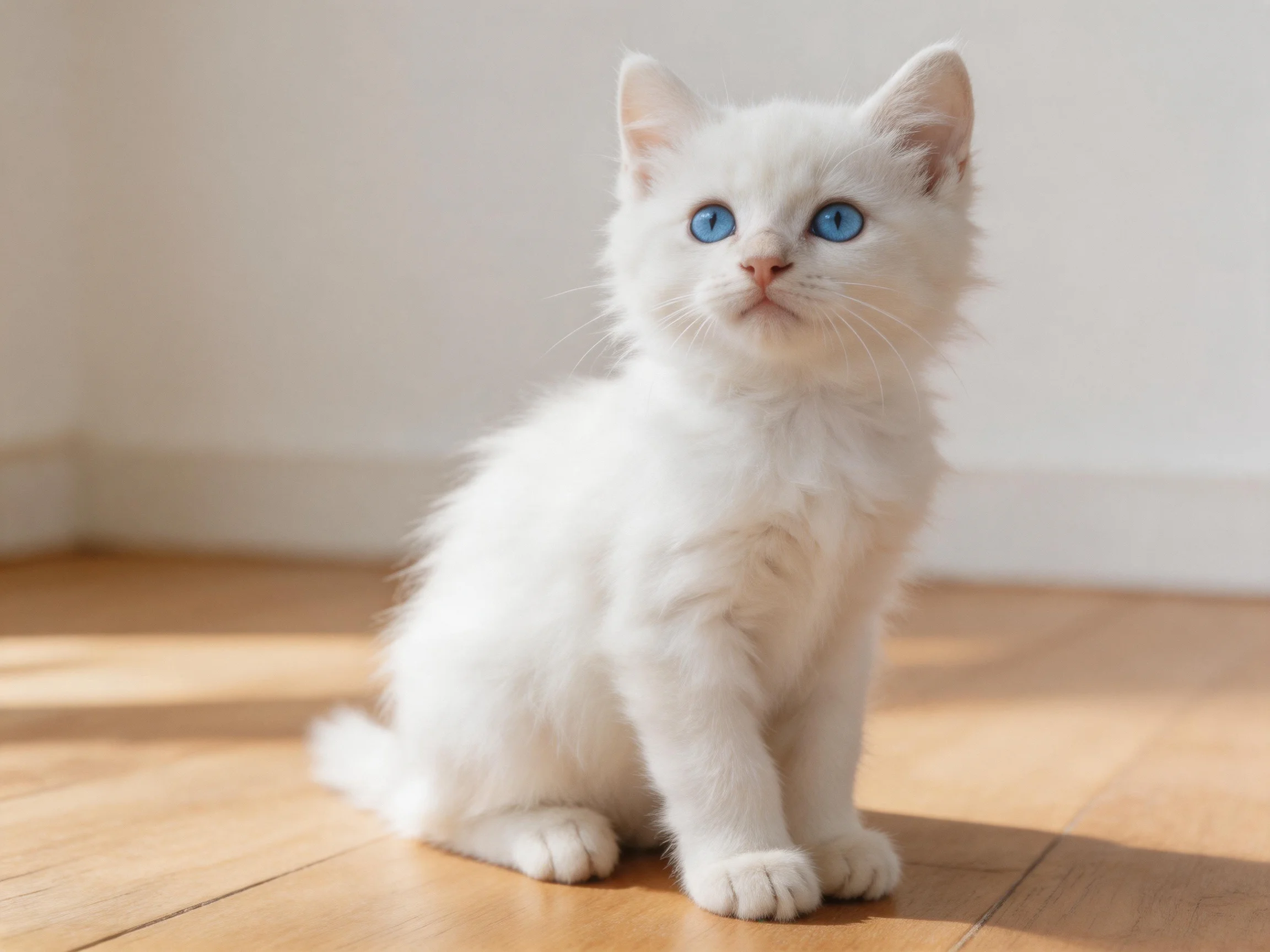 A small white kitten with blue eyes sits calmly on a wooden flooring.