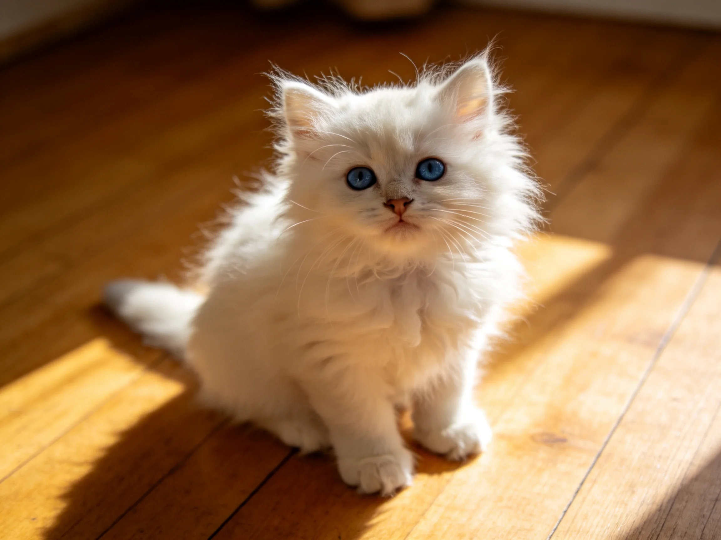 A small white kitten with blue eyes rests on a sunlit wooden surface.
