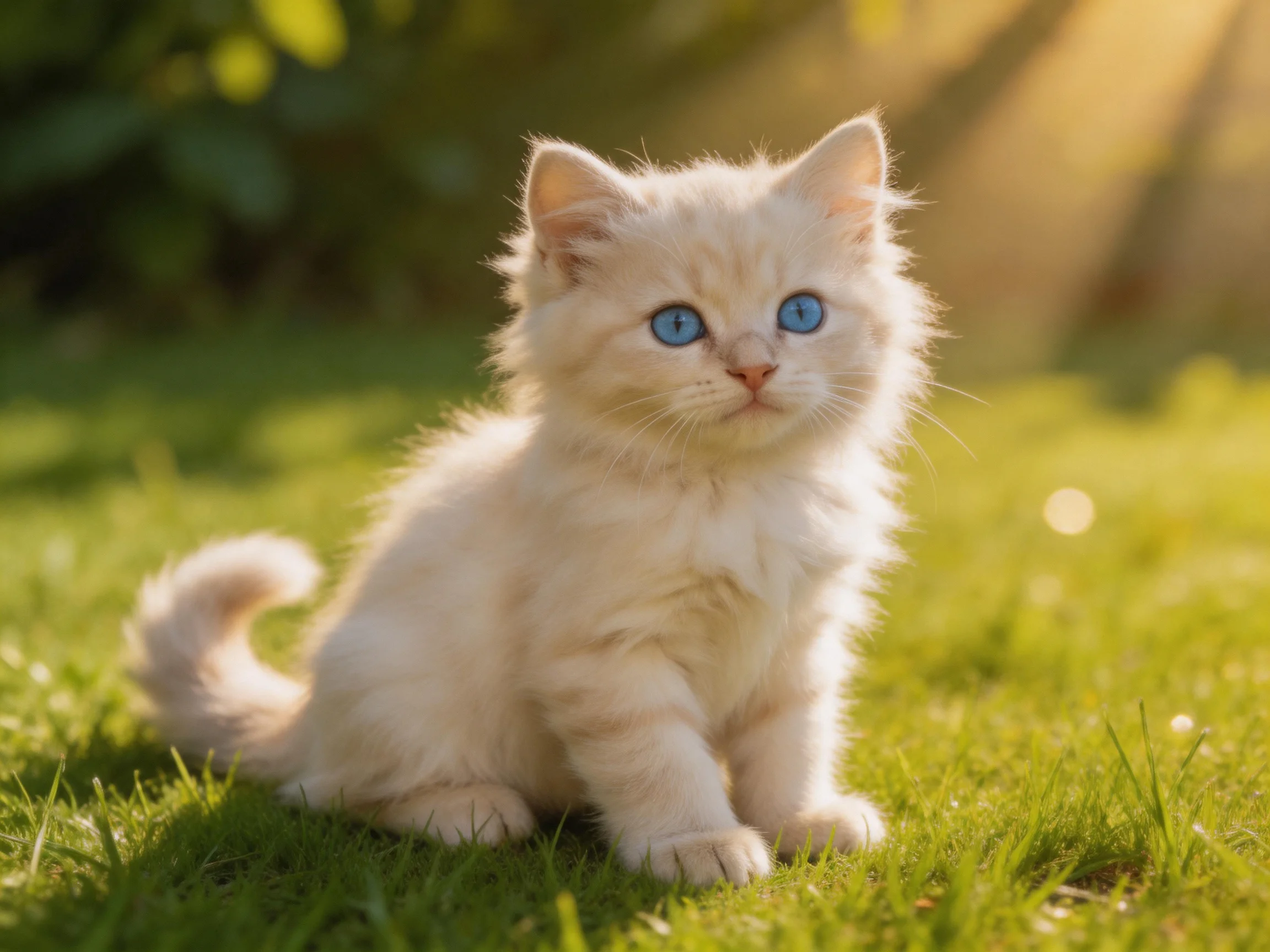 A fluffy white kitten with blue eyes sits on green grass in a sunlit area.