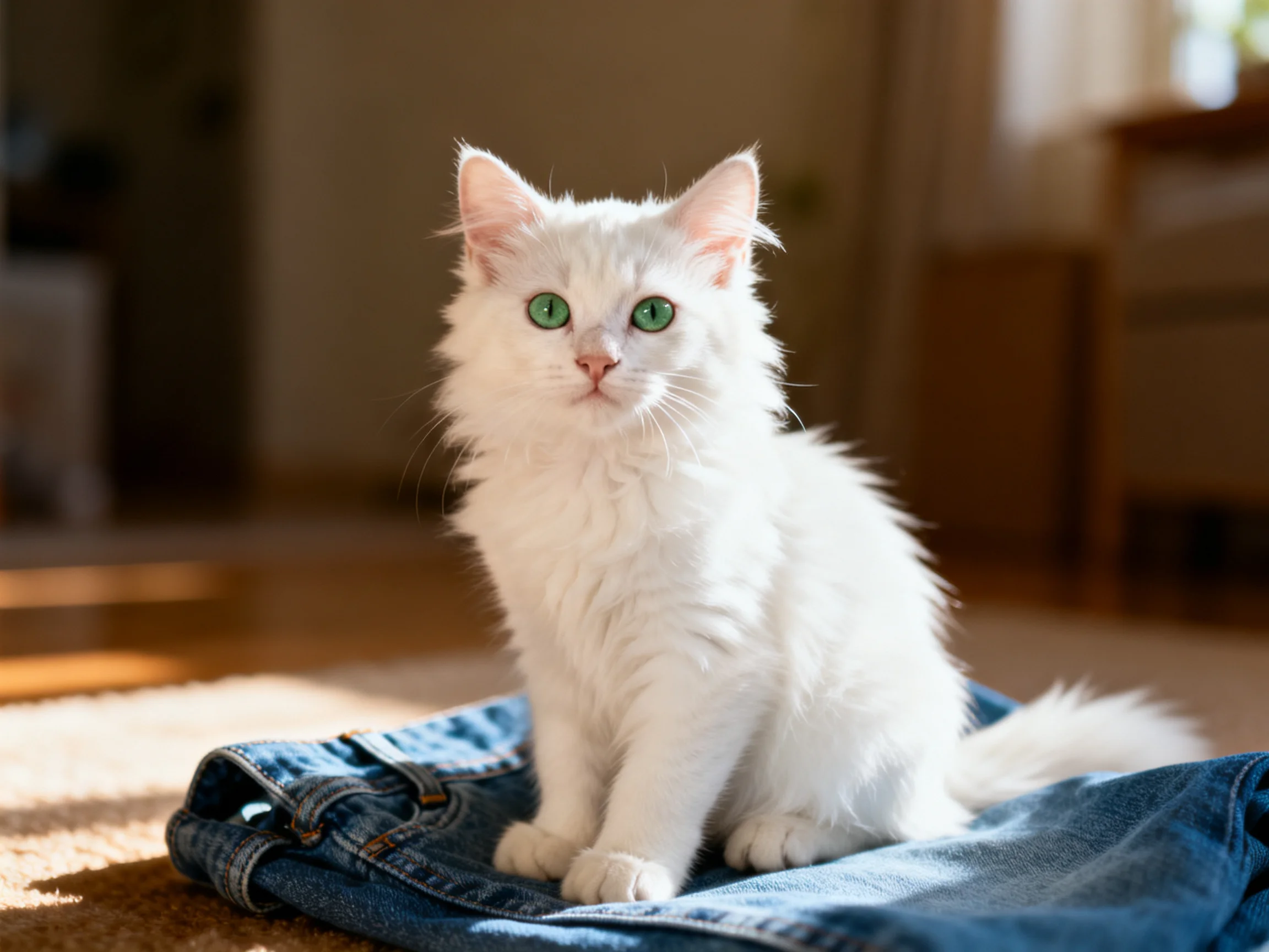 A white kitten with green eyes sits on jeans in a sunlit room.