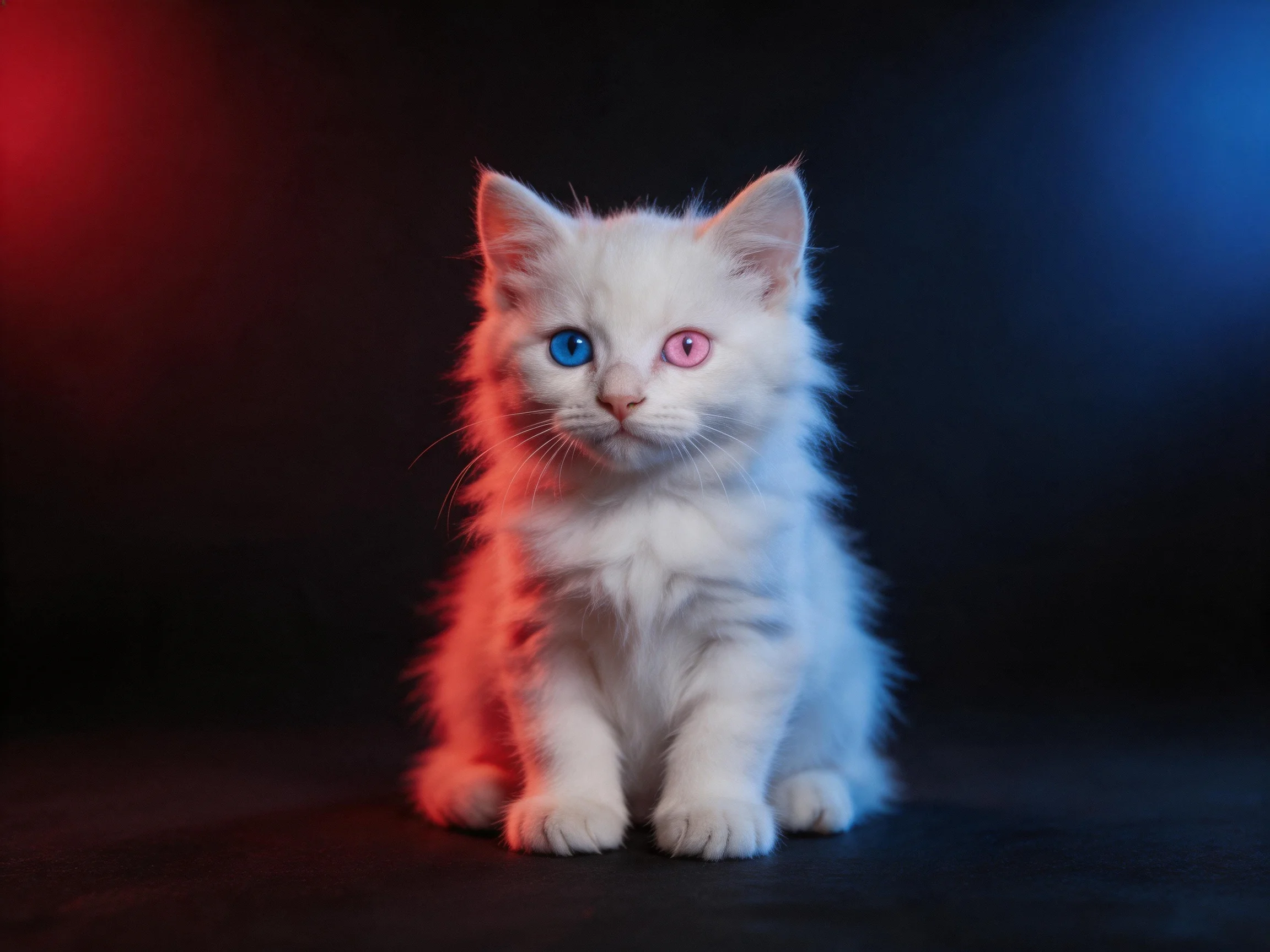 A fluffy white kitten with heterochromatic eyes sits amid contrasting red and blue lighting