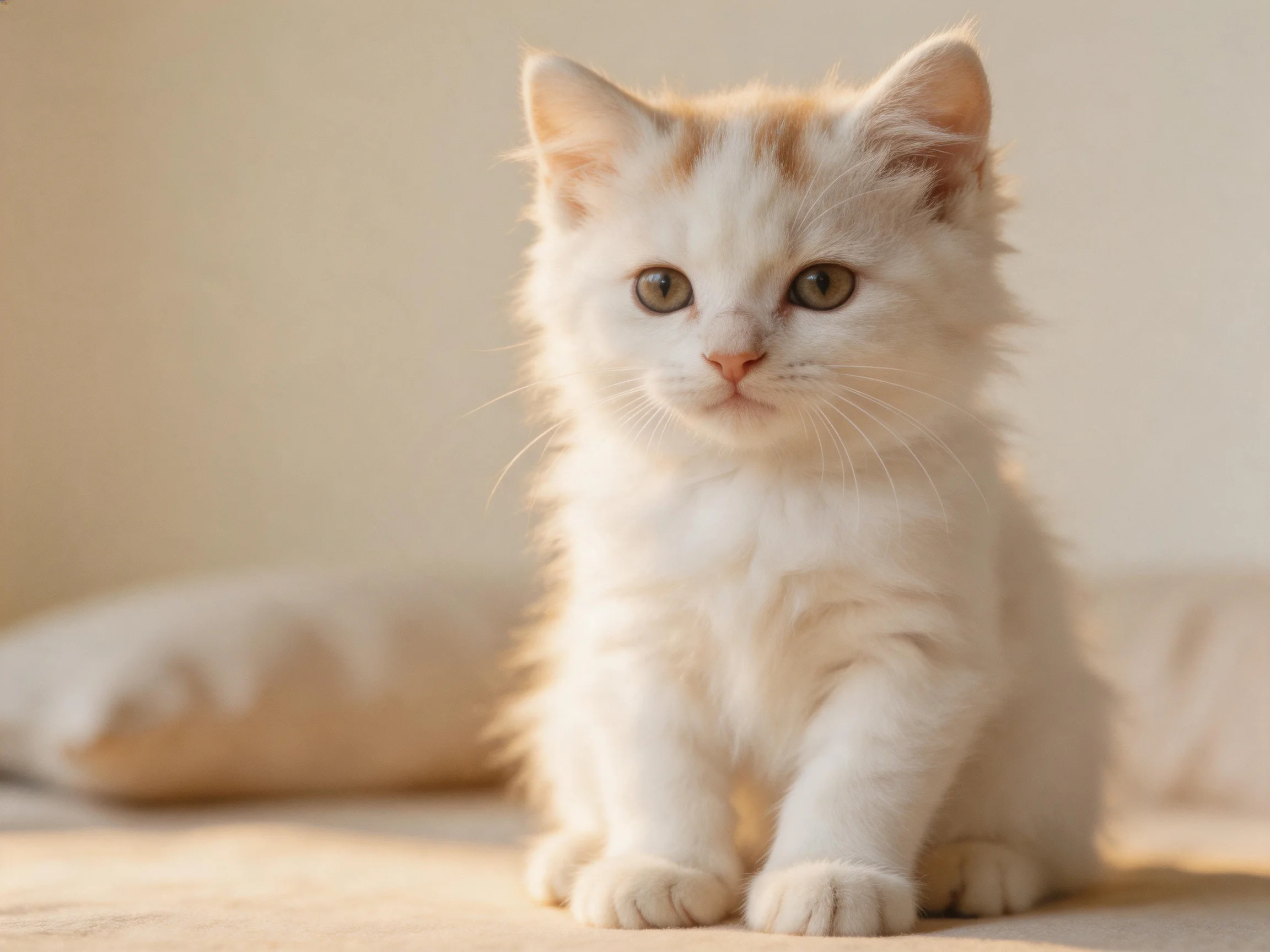 A small white kitten with orange spots rests near plush cushions.