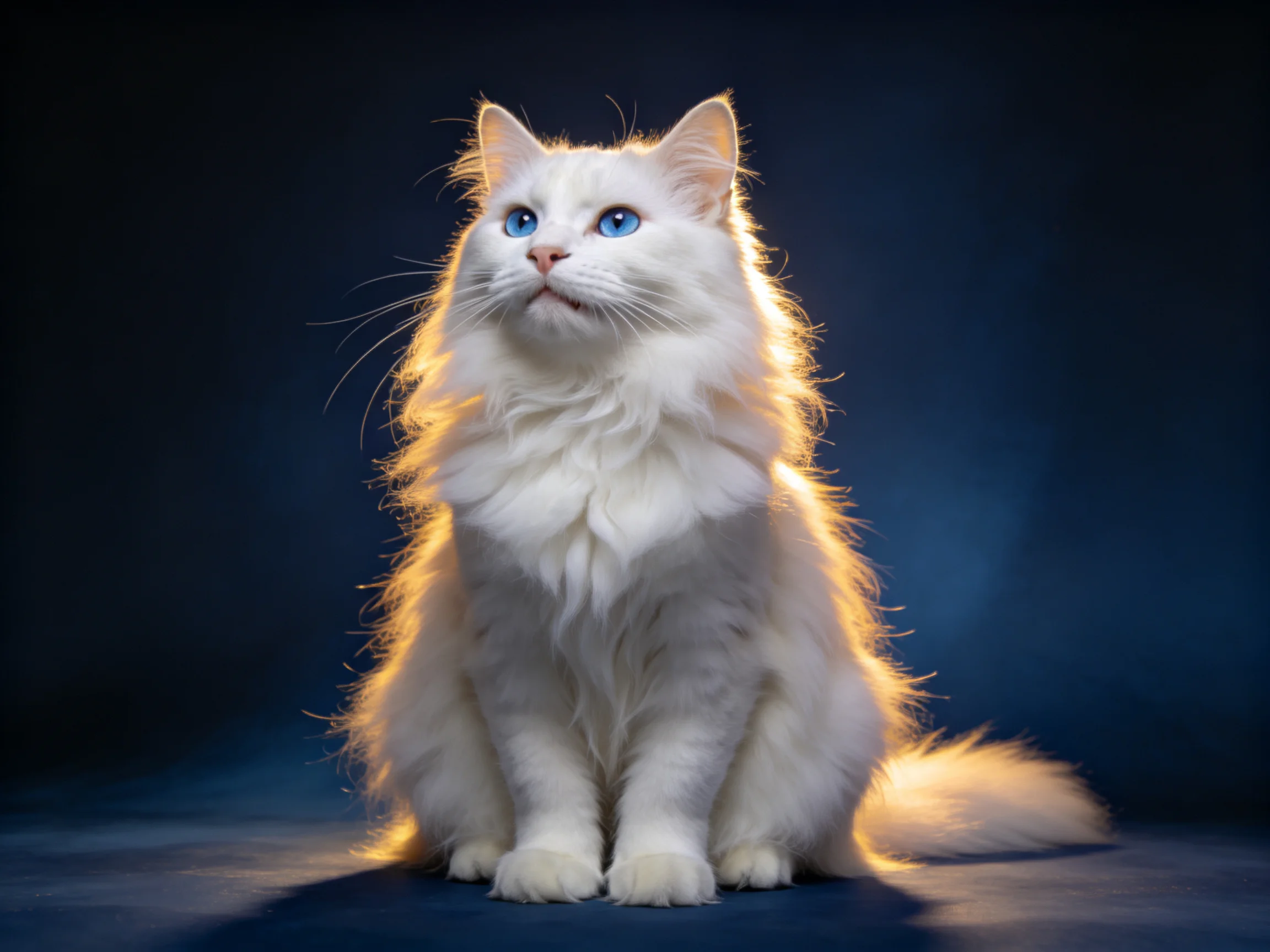 A fluffy white long-haired cat with bright blue eyes on a dark surface