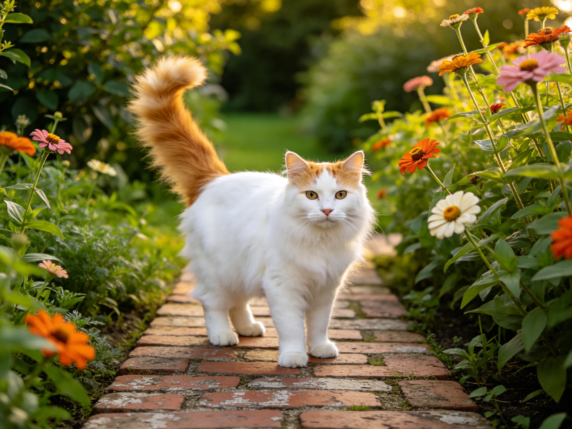 A fluffy white-orange cat walks along a brick path surrounded by colorful blooms