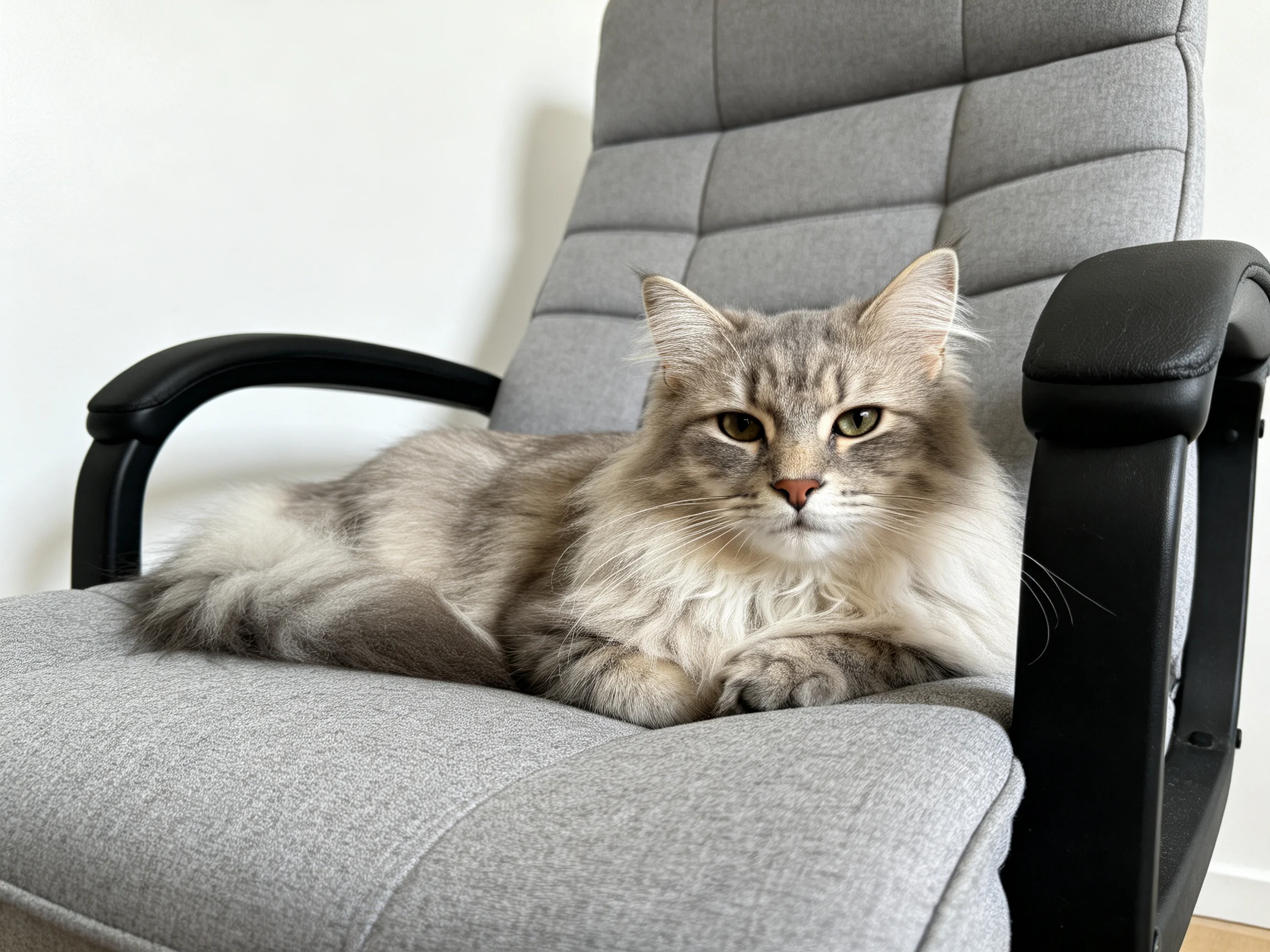 A fluffygray and white cat lounges on a padded office chair