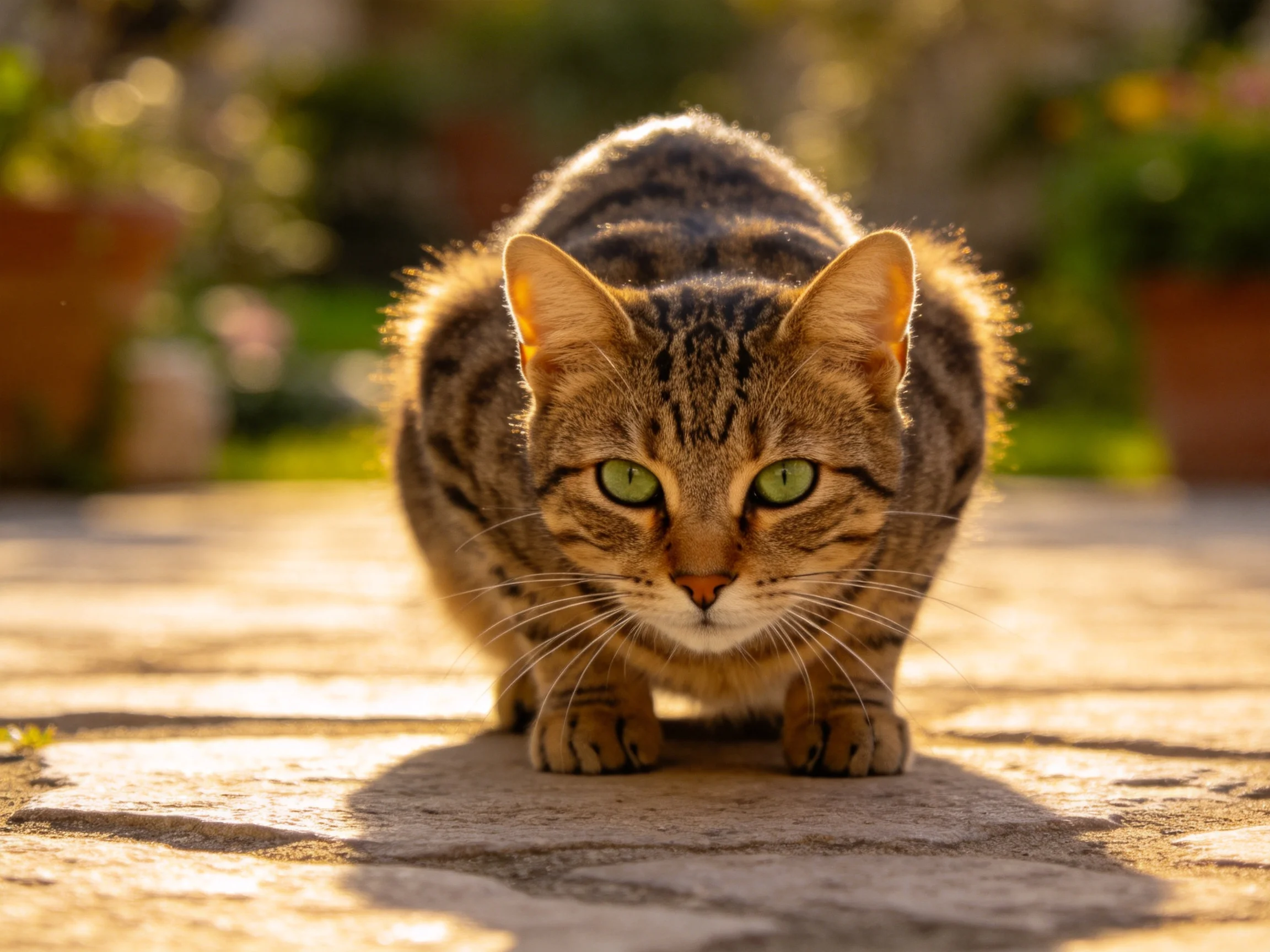 A focused brown tabby cat with green eyes crouches on a sunlit patio
