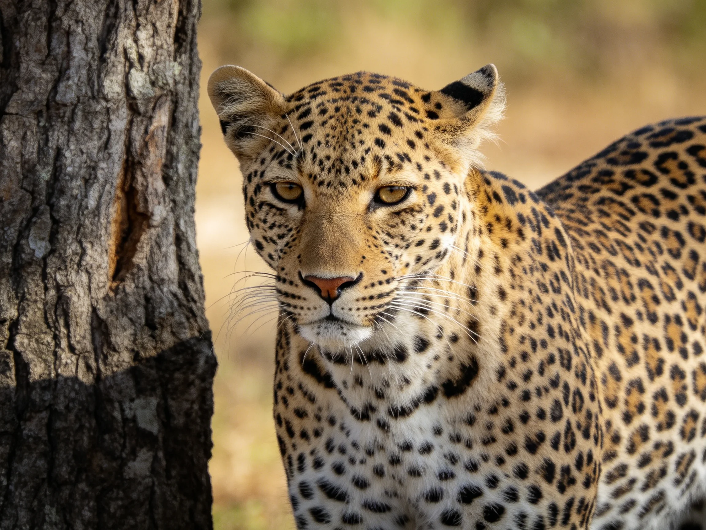 A focused leopard with golden-spotted coat near a textured tree trunk