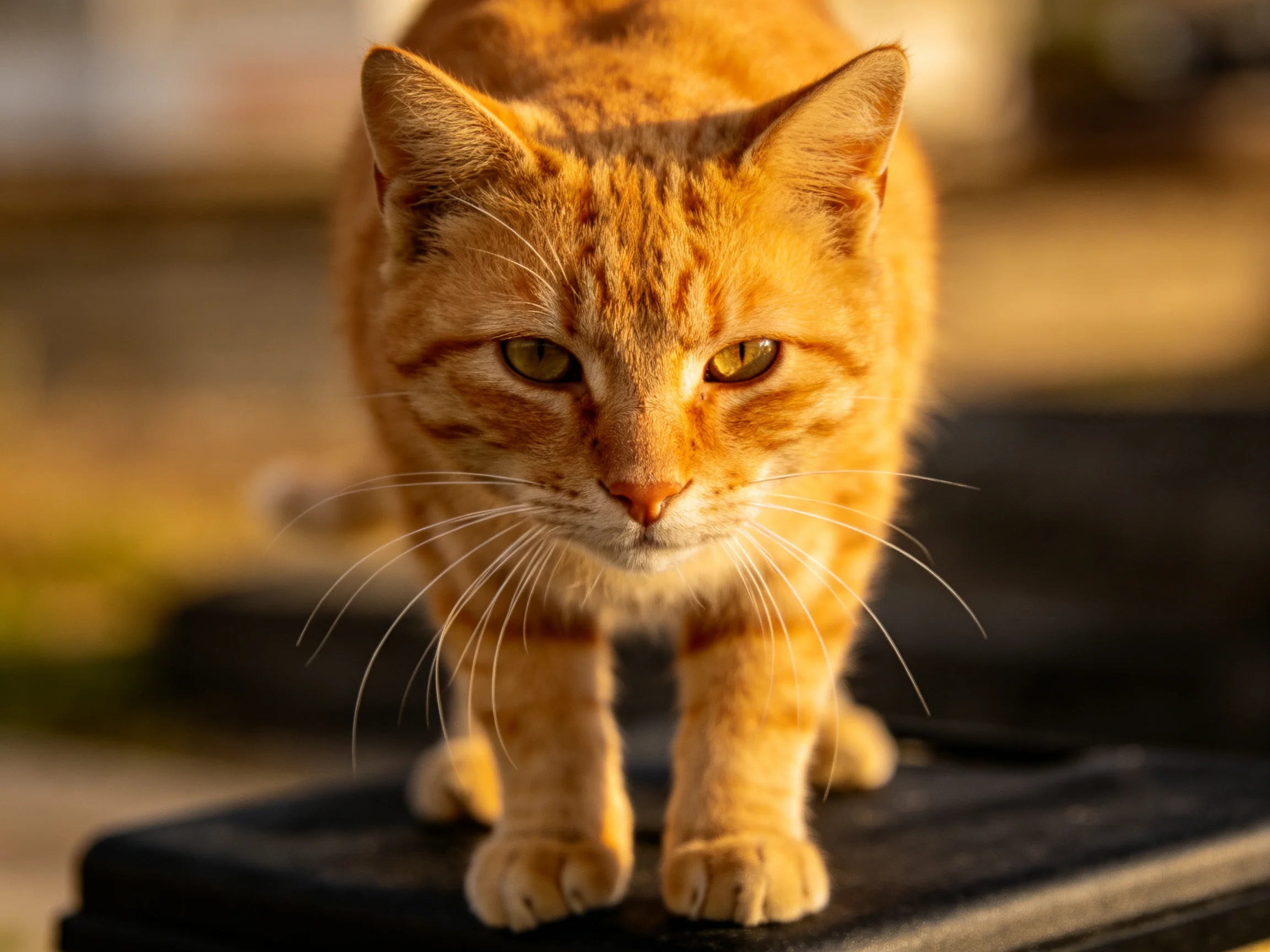 A focused orange tabby cat stands on a dark surface with warm lighting
