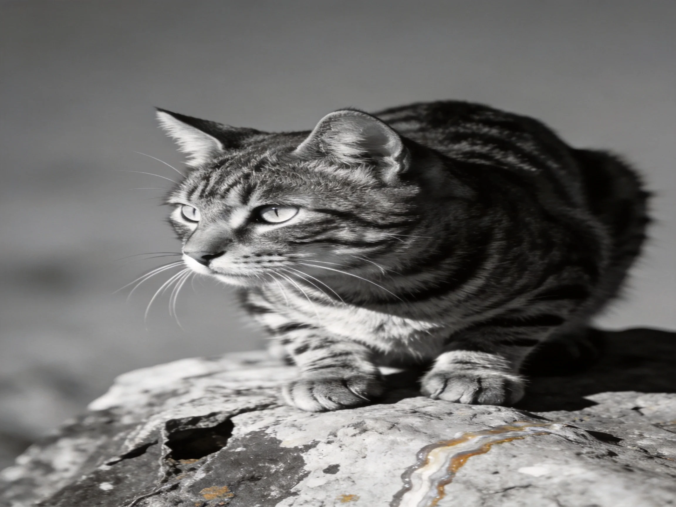 A focused tabby cat perched on a rugged stone formation
